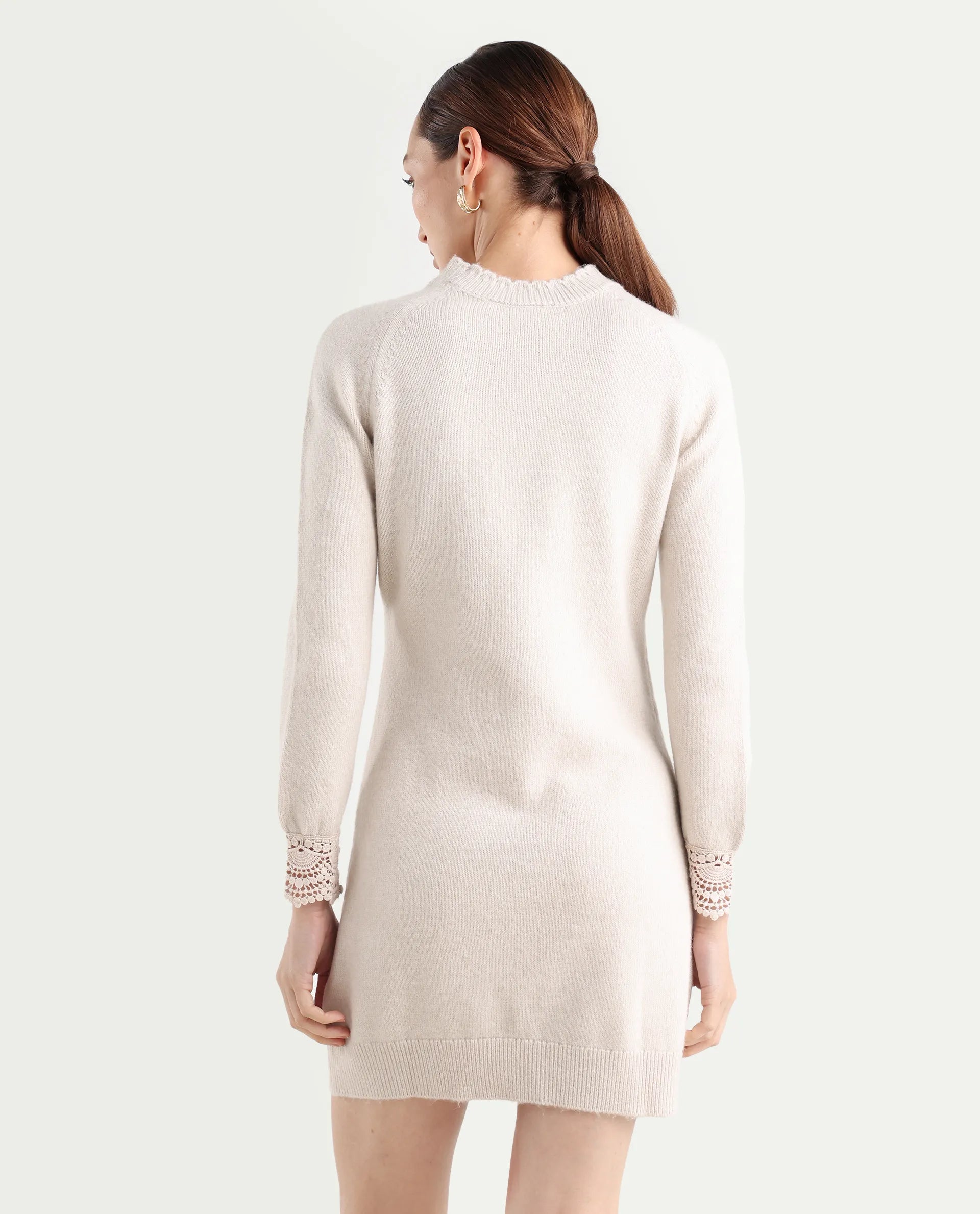 Rareism Women's Zisto Light Beige Acrylic Blend Crew Neck Relaxed Fit Plain Dress