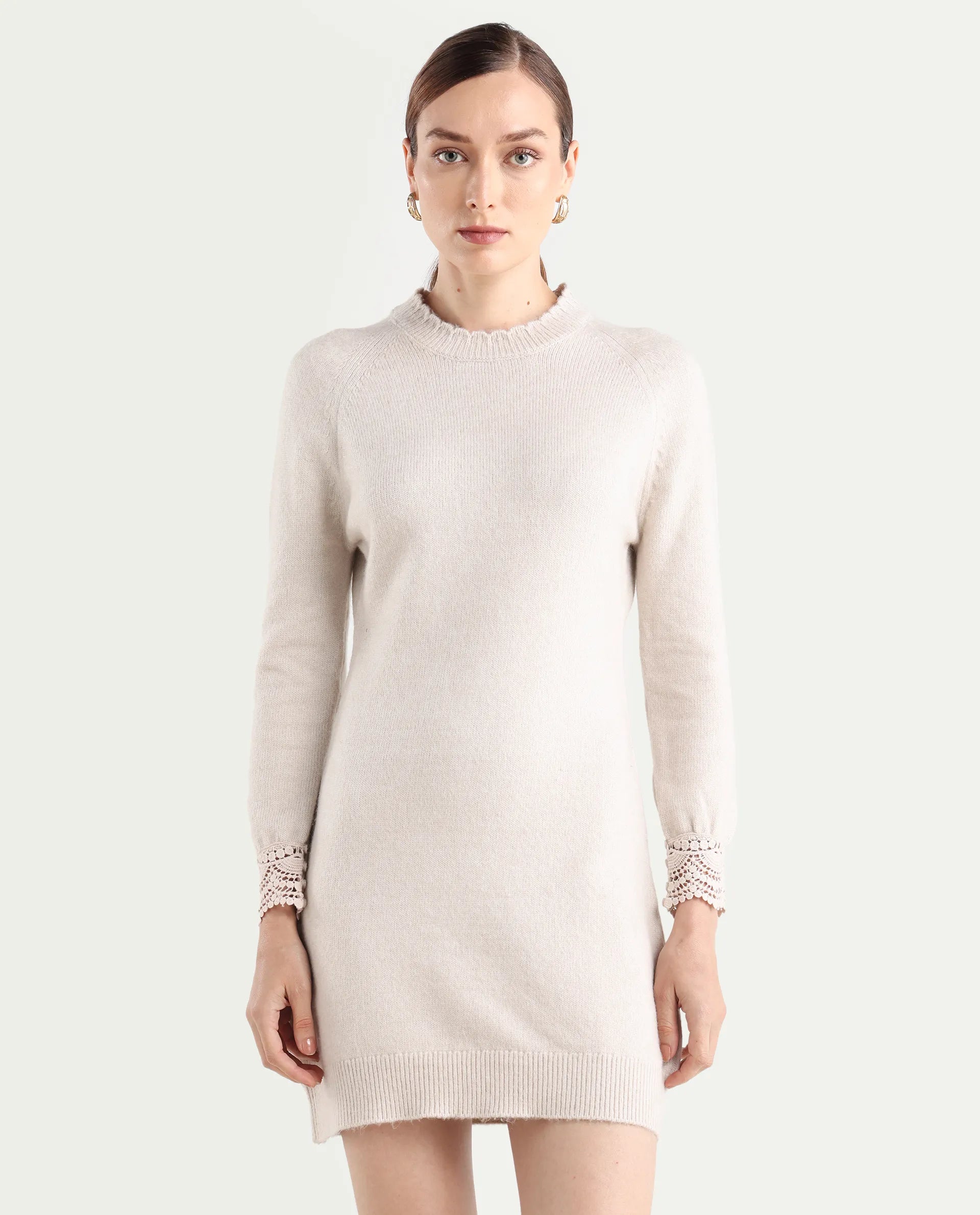 Rareism Women's Zisto Light Beige Acrylic Blend Crew Neck Relaxed Fit Plain Dress