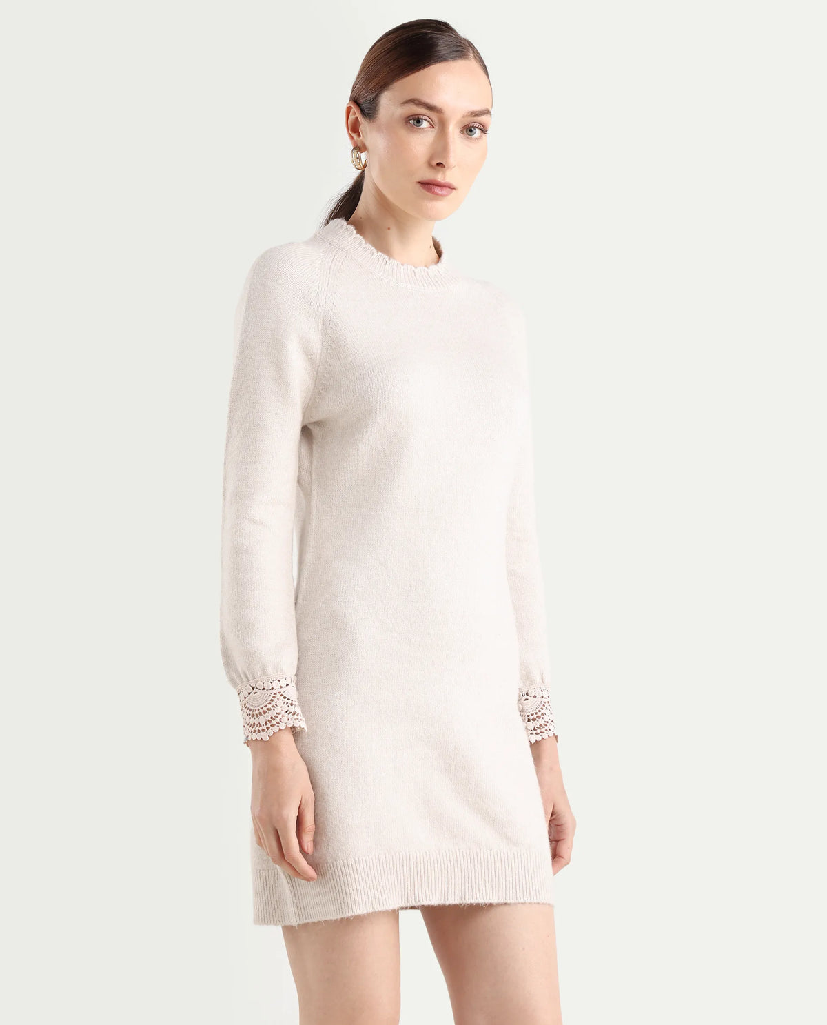 Rareism Women's Zisto Light Beige Acrylic Blend Crew Neck Relaxed Fit Plain Dress