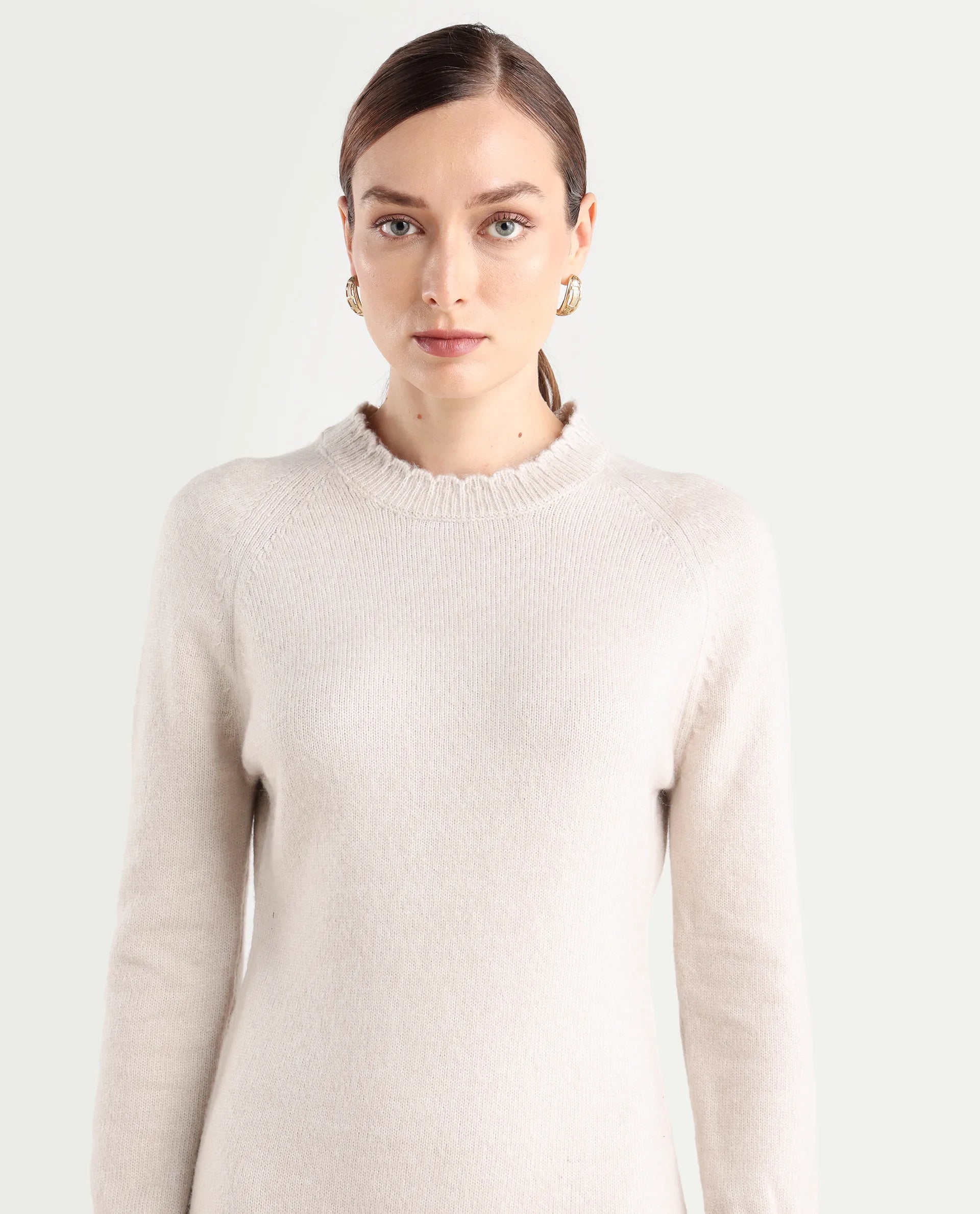 Rareism Women's Zisto Light Beige Acrylic Blend Crew Neck Relaxed Fit Plain Dress