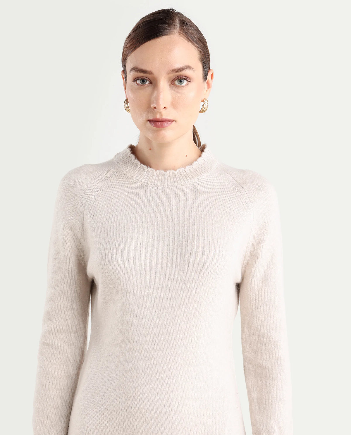 Rareism Women's Zisto Light Beige Acrylic Blend Crew Neck Relaxed Fit Plain Dress