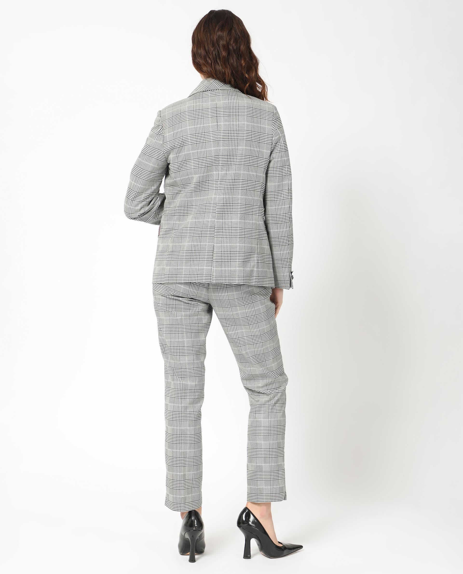Rareism Women's Zivaa Black Polyester Lapel Neck Checked Tailored Blazer