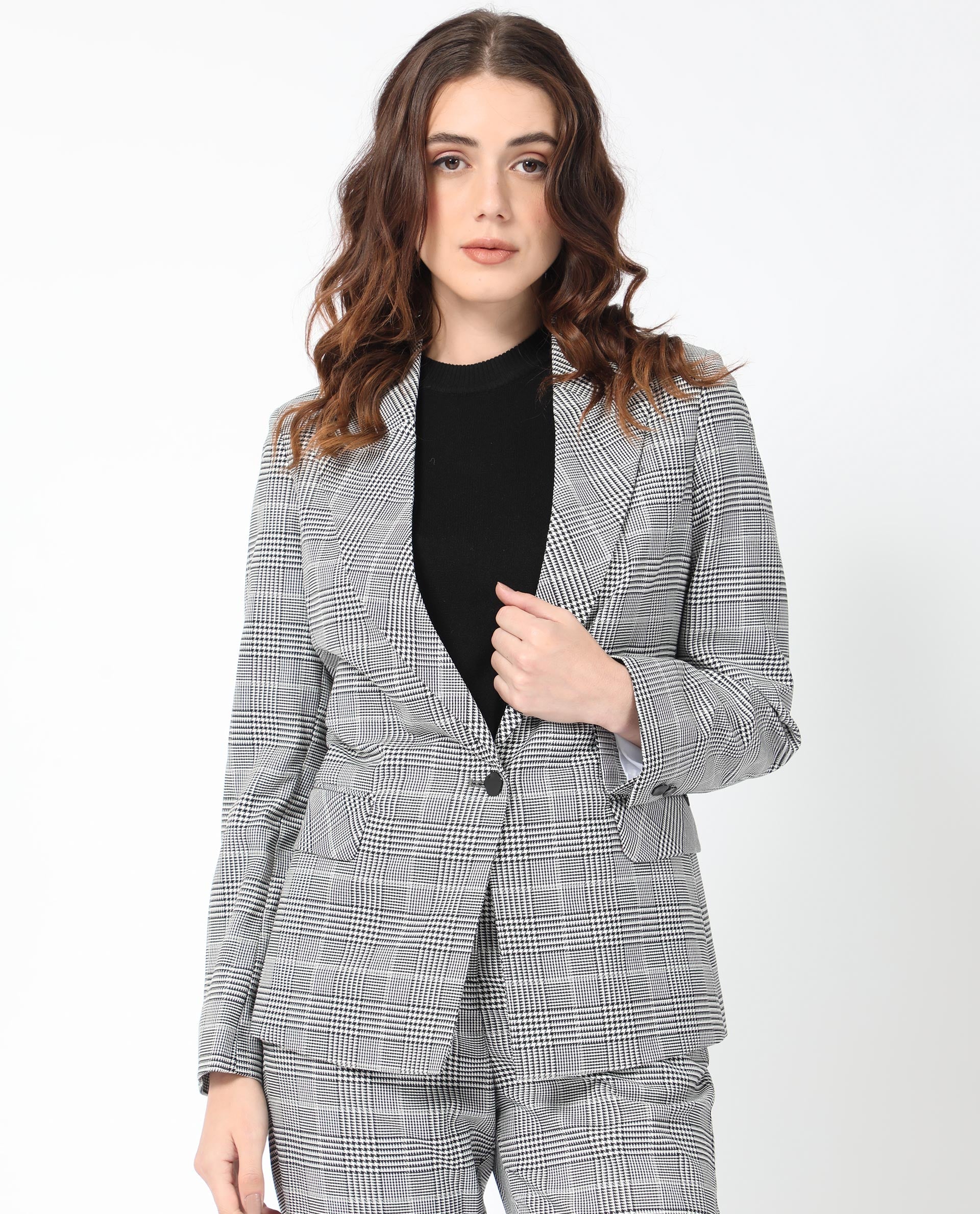 Rareism Women's Zivaa Black Polyester Lapel Neck Checked Tailored Blazer