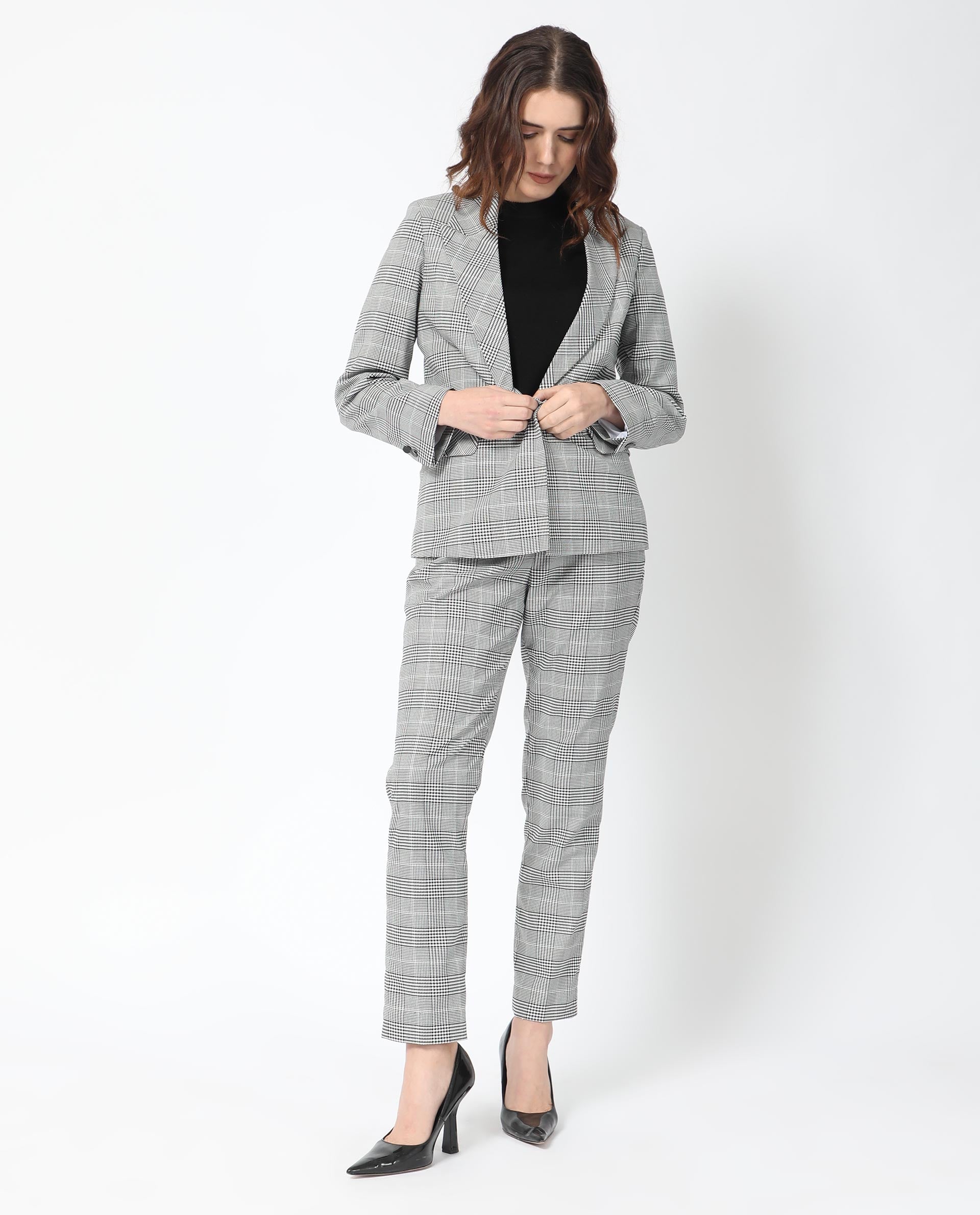Rareism Women Zivaa Black Polyester Fabric Full Sleeves Button Closure Lapel Neck Tailored Fit Checked Blazer