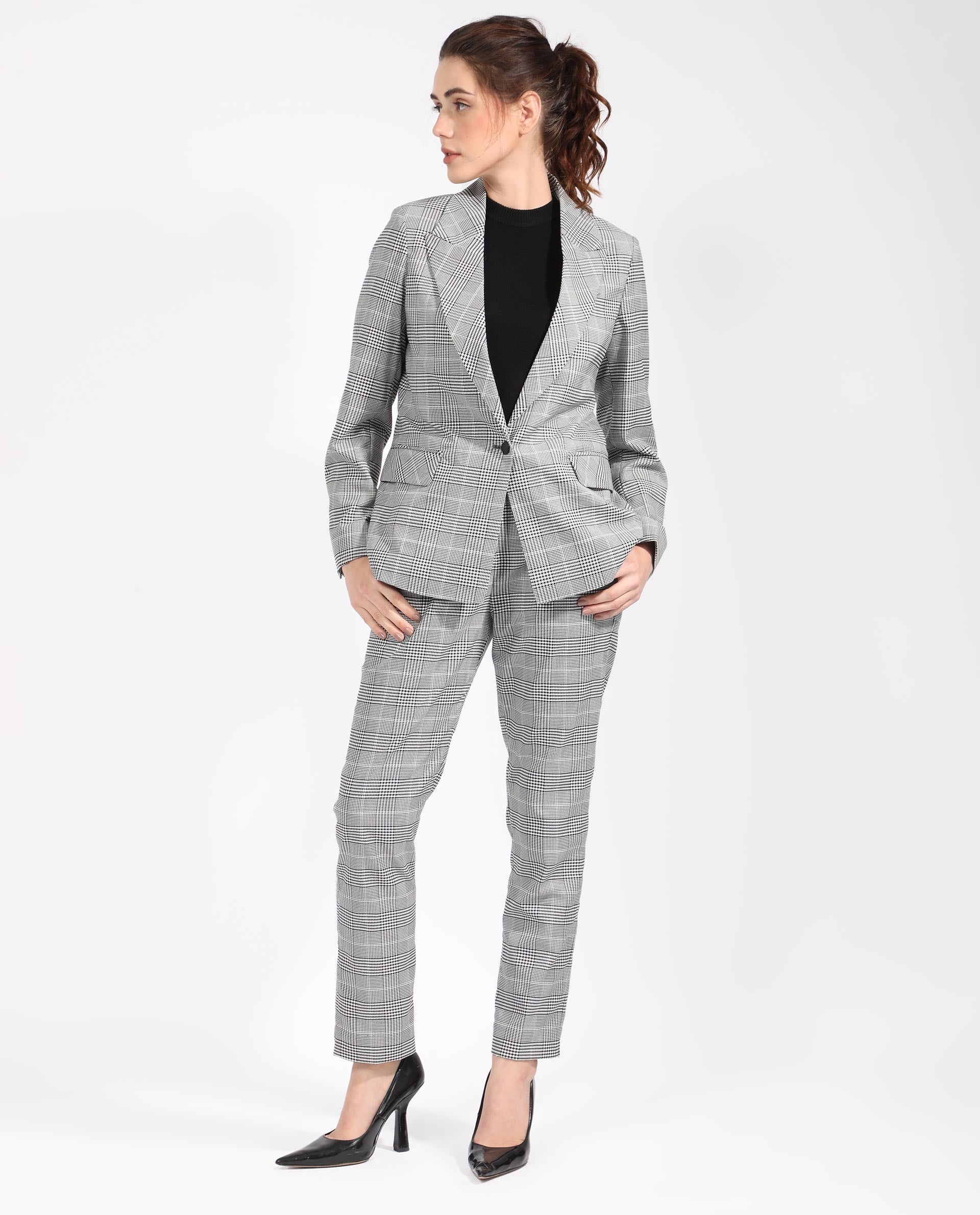 Rareism Women's Zivaa Black Polyester Lapel Neck Checked Tailored Blazer