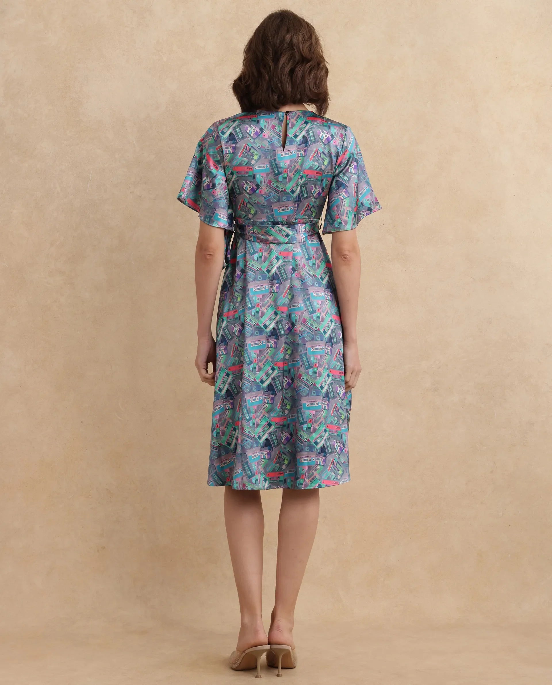 Rareism Women's Zived Multi Satin Fabric Round Neck Tie-Up Closure Ruffled Sleeve Object Print Fit And Flare Midi Dress