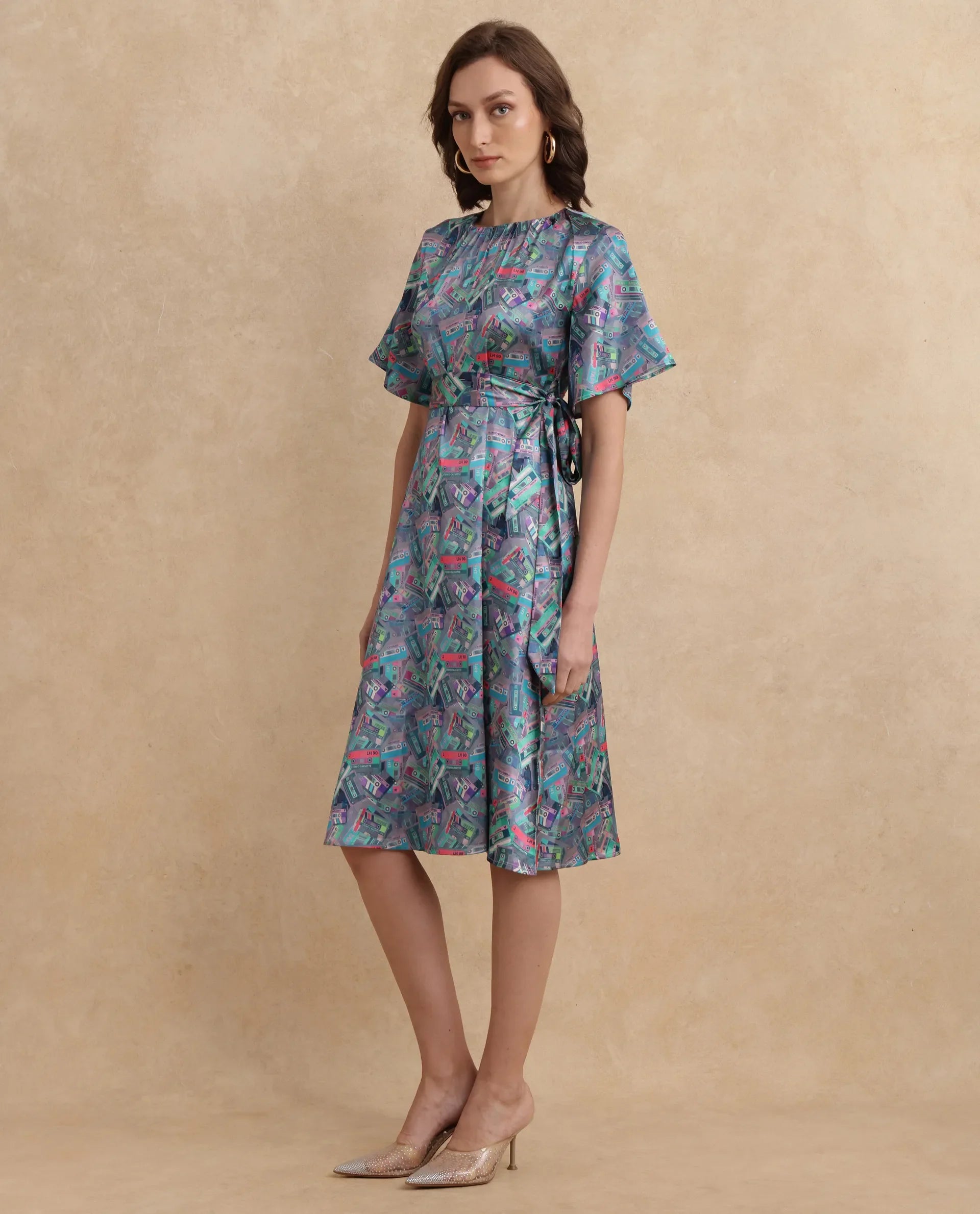 Rareism Women's Zived Multi Satin Round Neck Object Print Ruffled Sleeve Midi Fit And Flare Dress