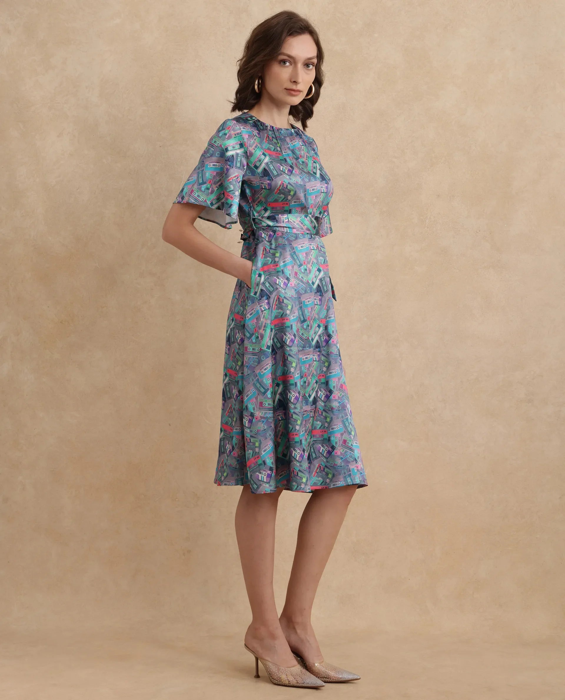 Rareism Women's Zived Multi Satin Round Neck Object Print Ruffled Sleeve Midi Fit And Flare Dress