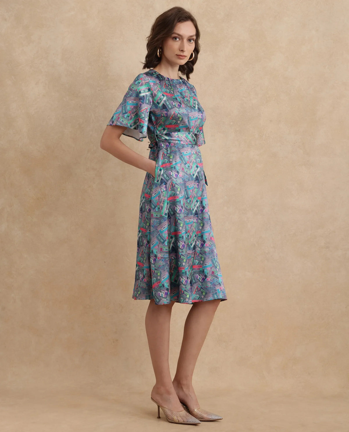 Rareism Women's Zived Multi Satin Fabric Round Neck Tie-Up Closure Ruffled Sleeve Object Print Fit And Flare Midi Dress