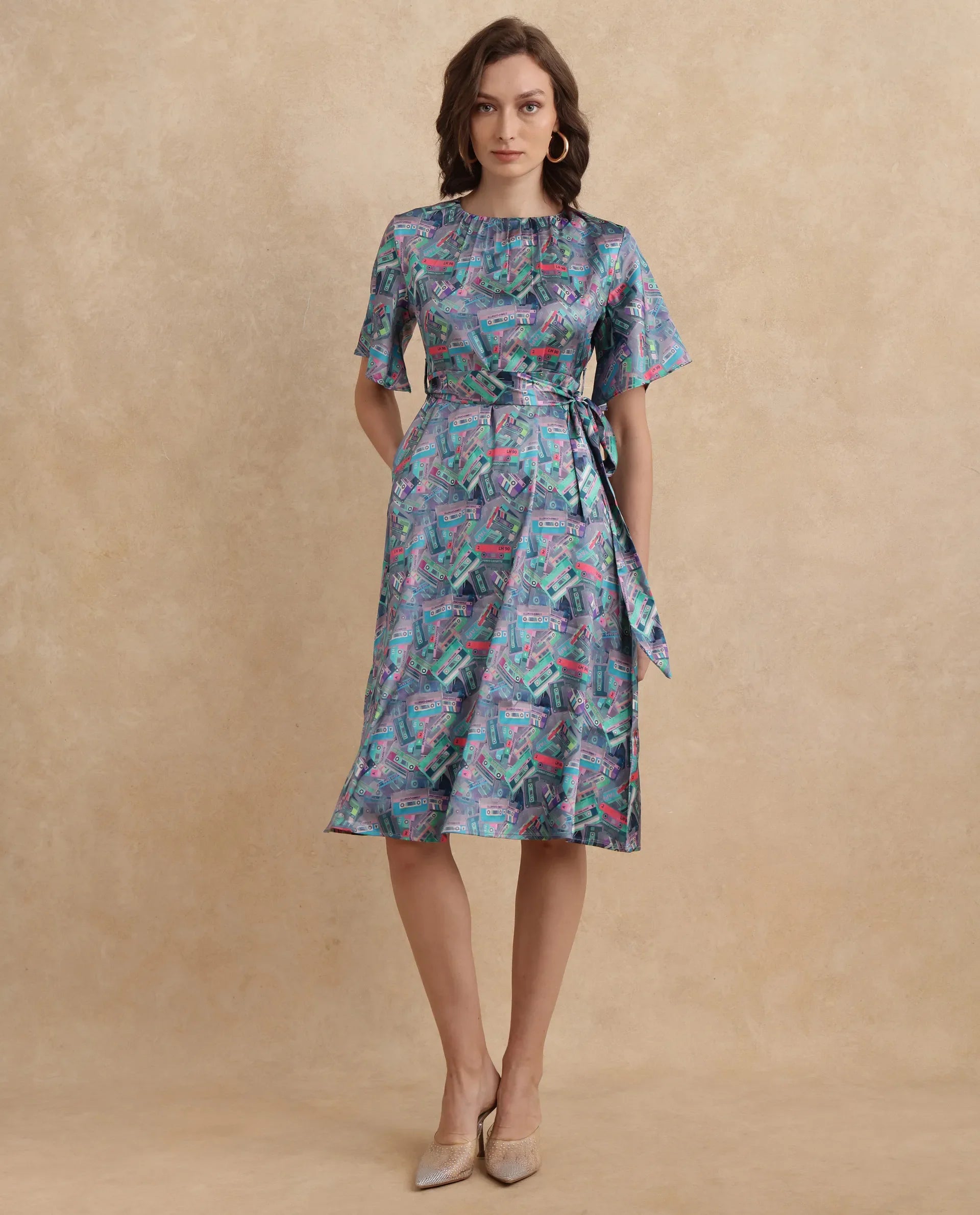 Rareism Women's Zived Multi Satin Round Neck Object Print Ruffled Sleeve Midi Fit And Flare Dress
