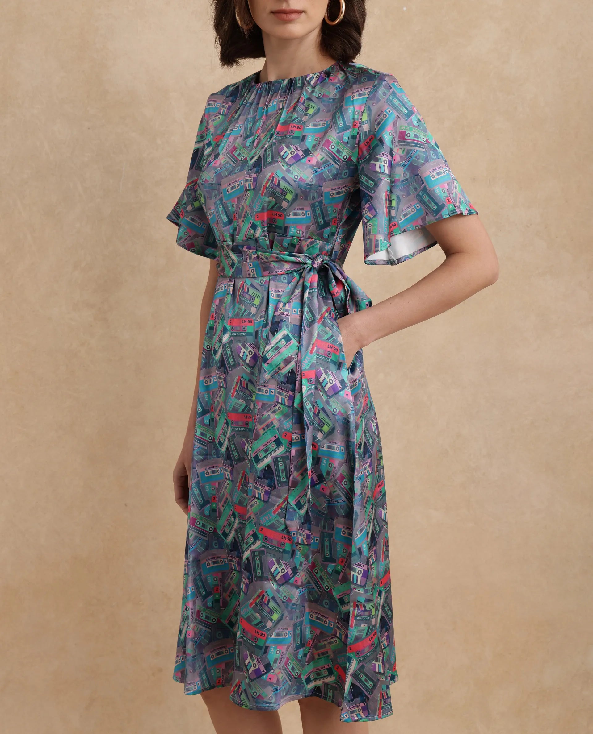 Rareism Women's Zived Multi Satin Round Neck Object Print Ruffled Sleeve Midi Fit And Flare Dress