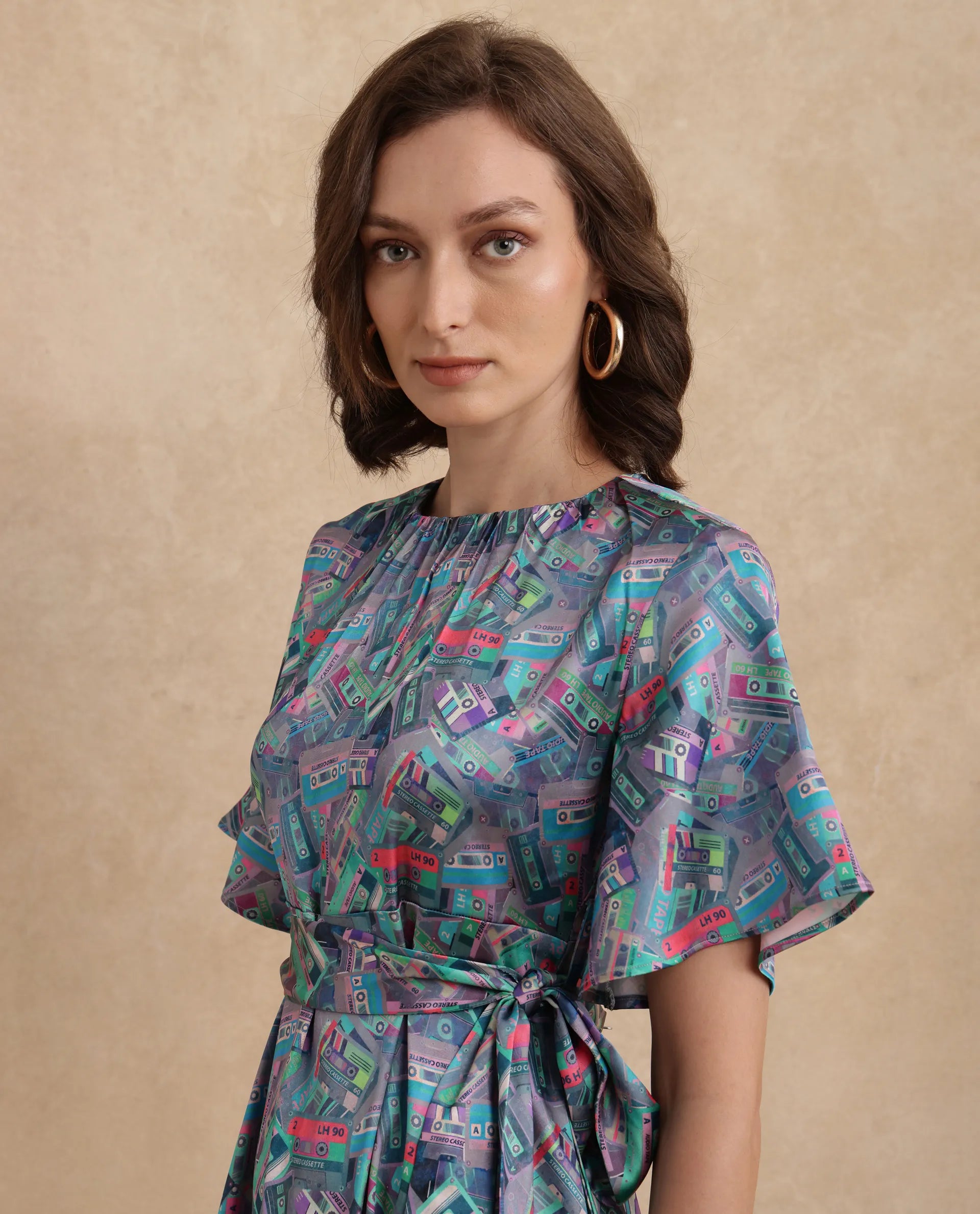 Rareism Women's Zived Multi Satin Round Neck Object Print Ruffled Sleeve Midi Fit And Flare Dress