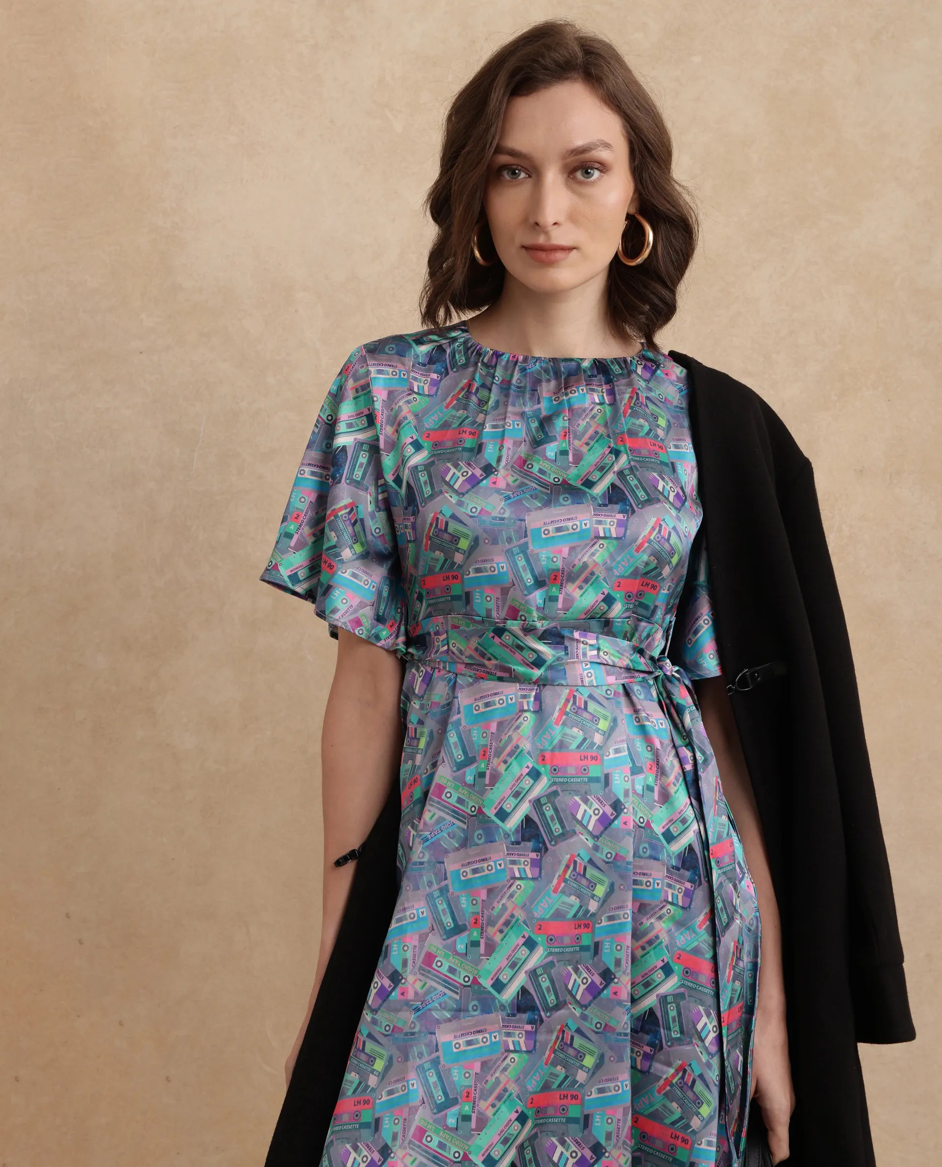 Rareism Women's Zived Multi Satin Round Neck Object Print Ruffled Sleeve Midi Fit And Flare Dress