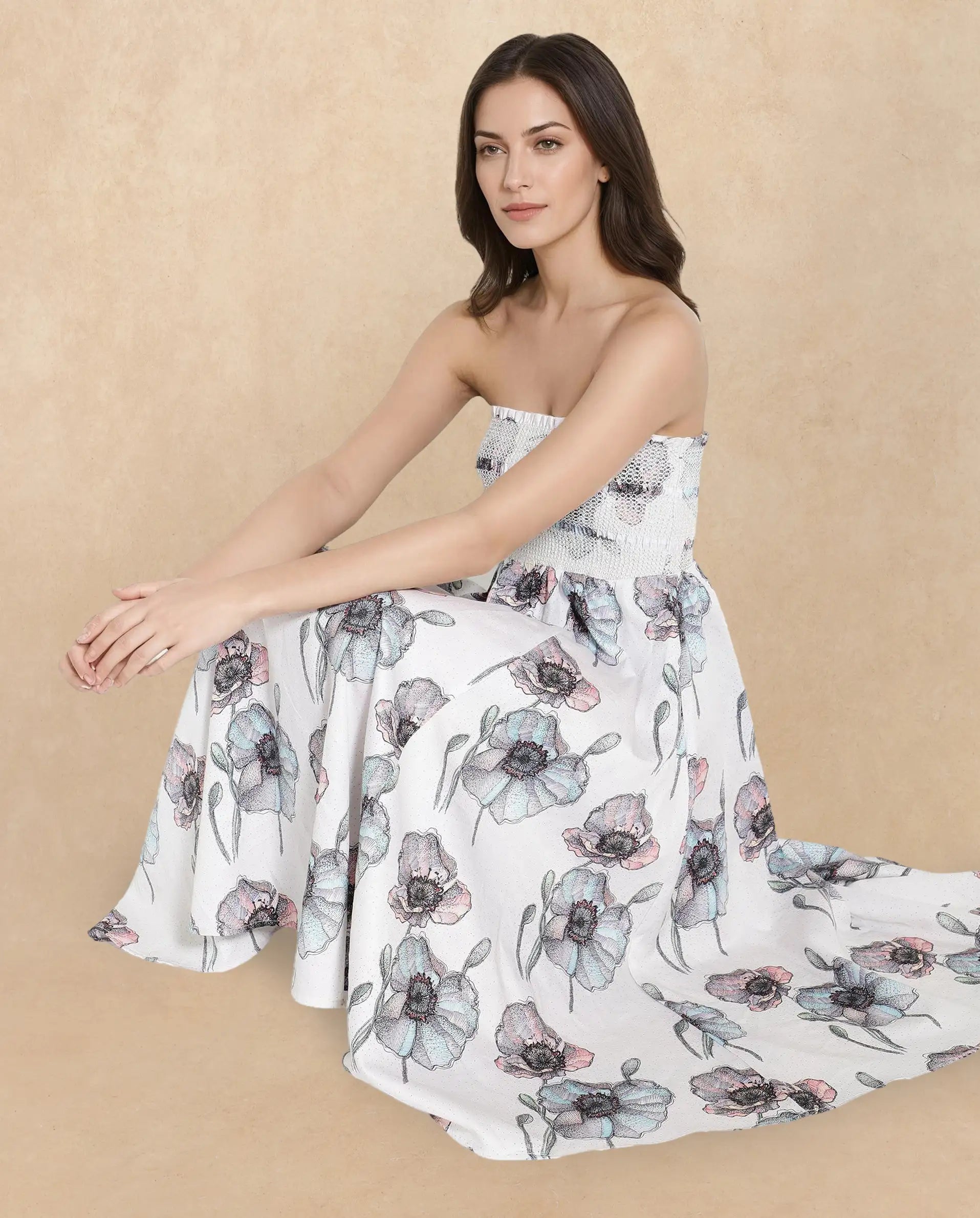 Rareism Women's Zobian Multi Cotton Tube Neck Floral Print Shoulder Strap Midi Fit And Flare Dress
