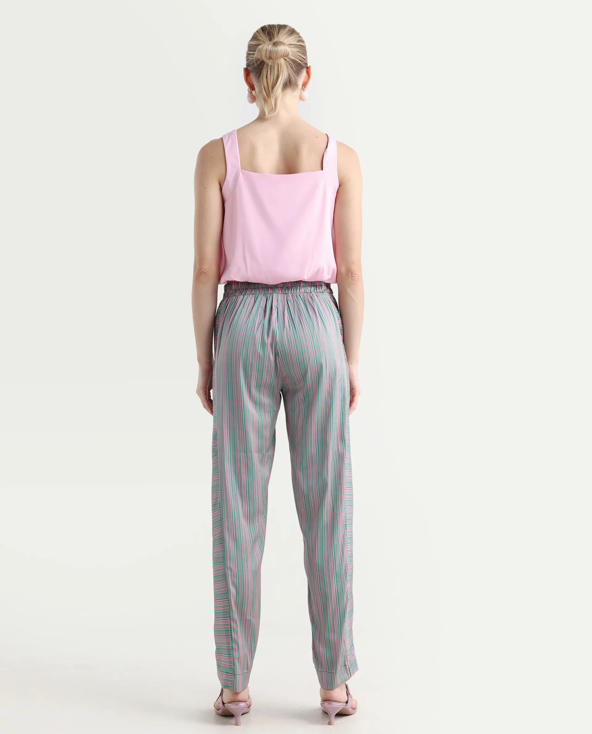 Rareism Women's Zoe Pink Polyester Striped Ankle Length Tailored Trouser