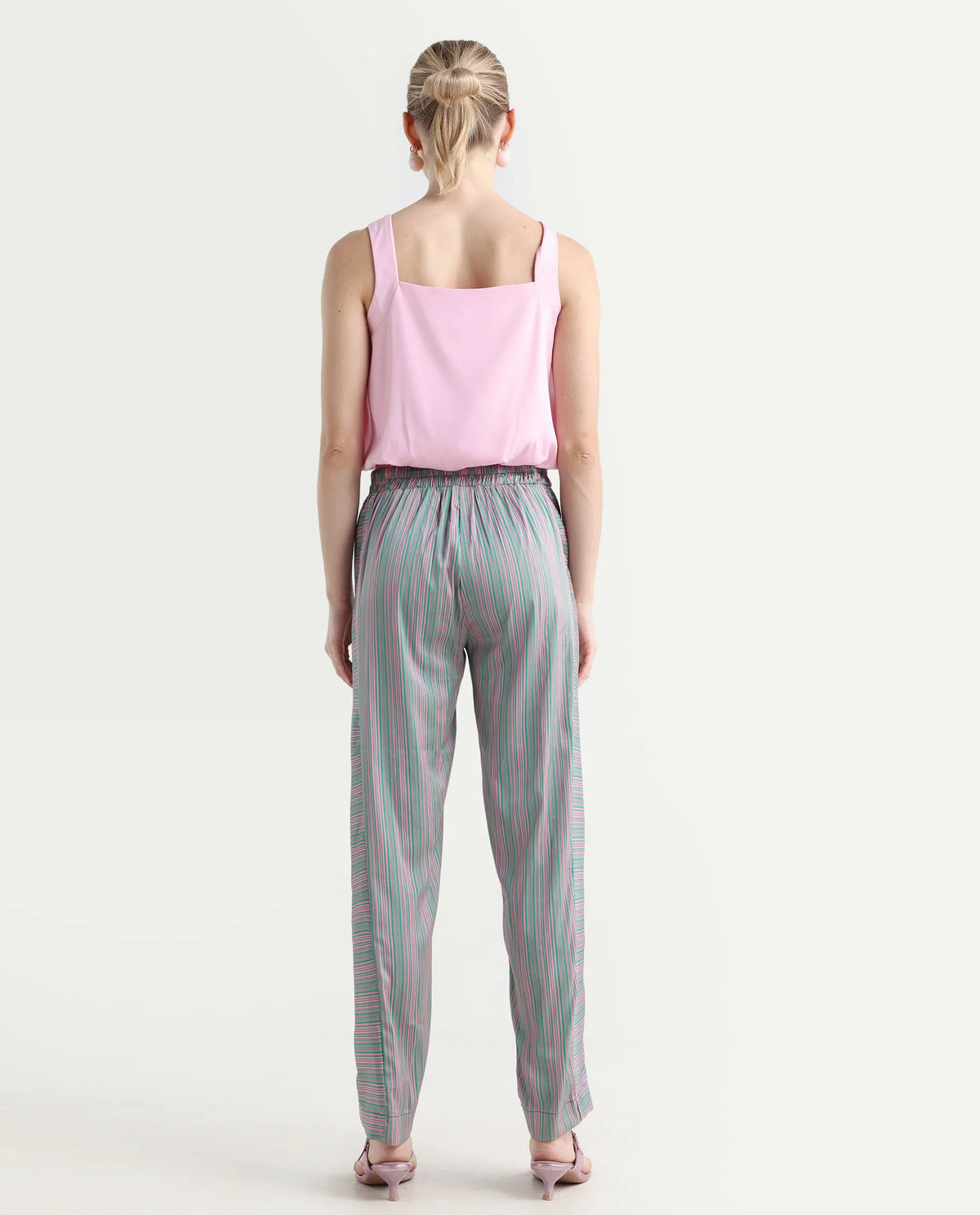 Rareism Women's Zoe Pink Polyester Striped Ankle Length Tailored Trouser