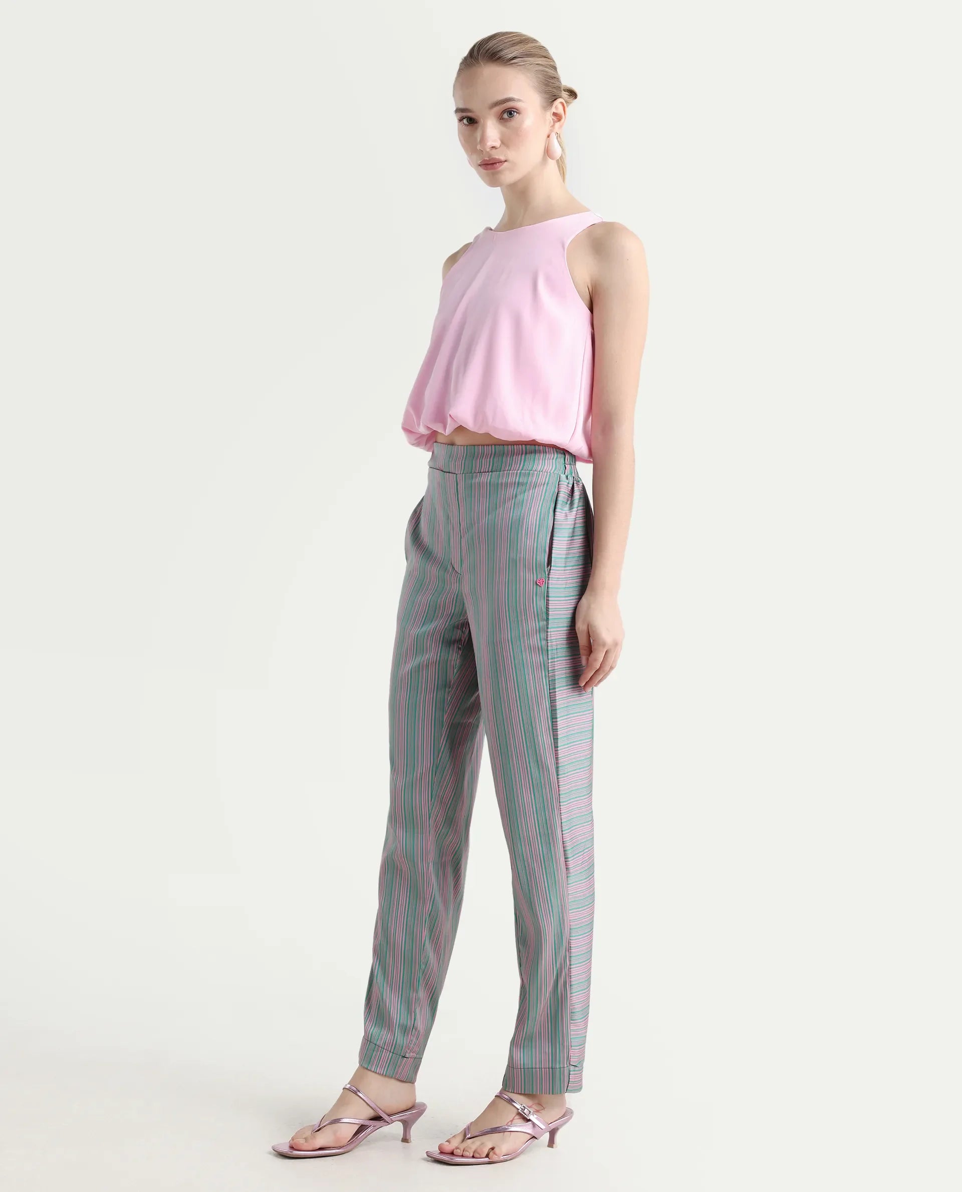 Rareism Women's Zoe Pink Polyester Striped Ankle Length Tailored Trouser