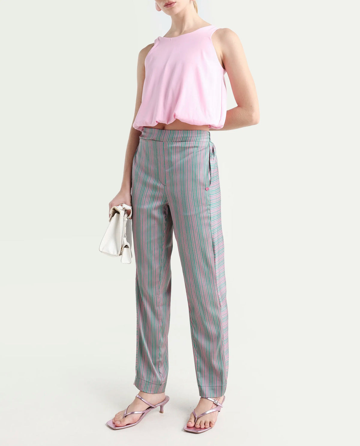 Rareism Women's Zoe Pink Polyester Striped Ankle Length Tailored Trouser