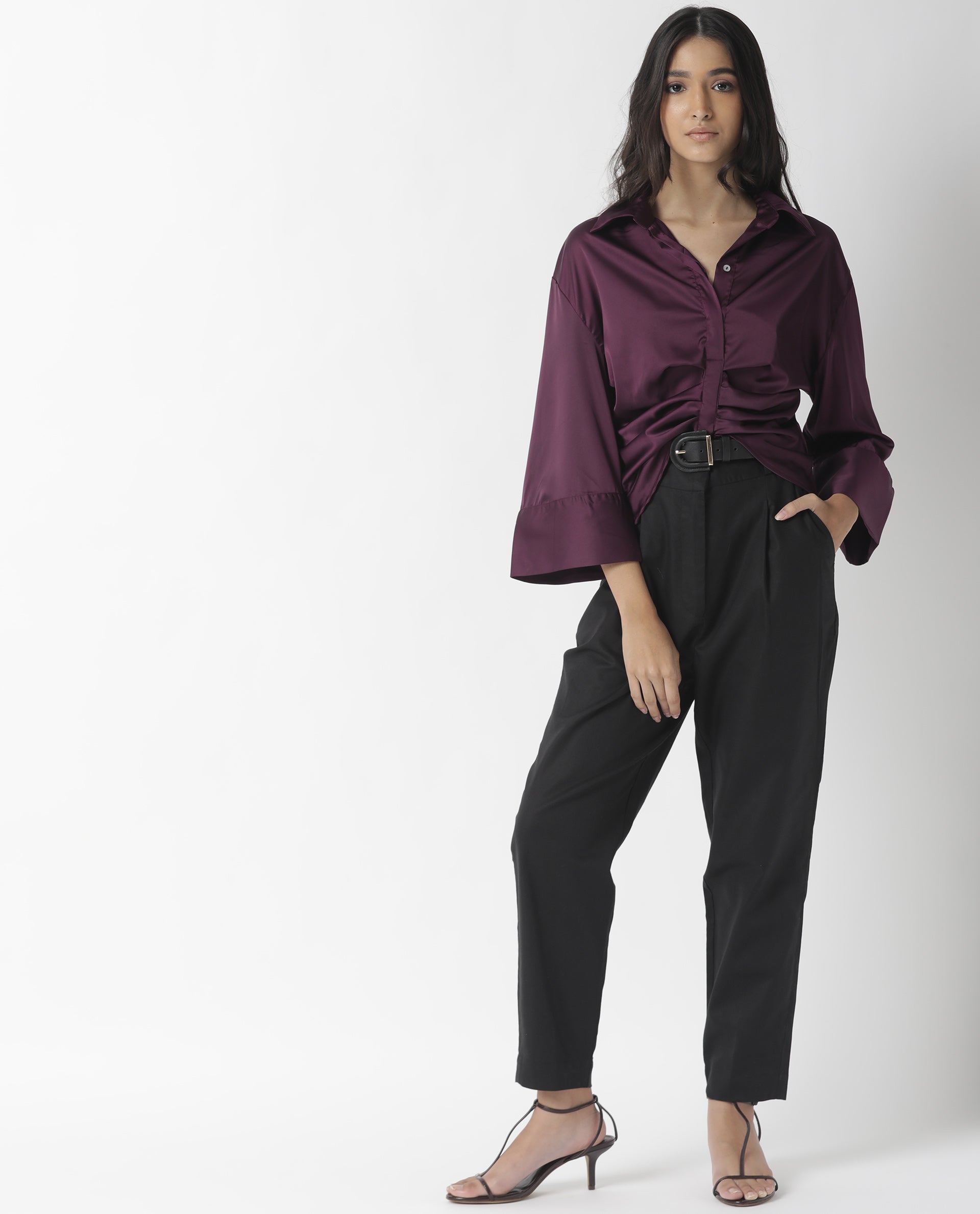 Rareism Womens Zomat Purple Top Modal Fabric Regular Fit Bell Sleeves Collared Neck