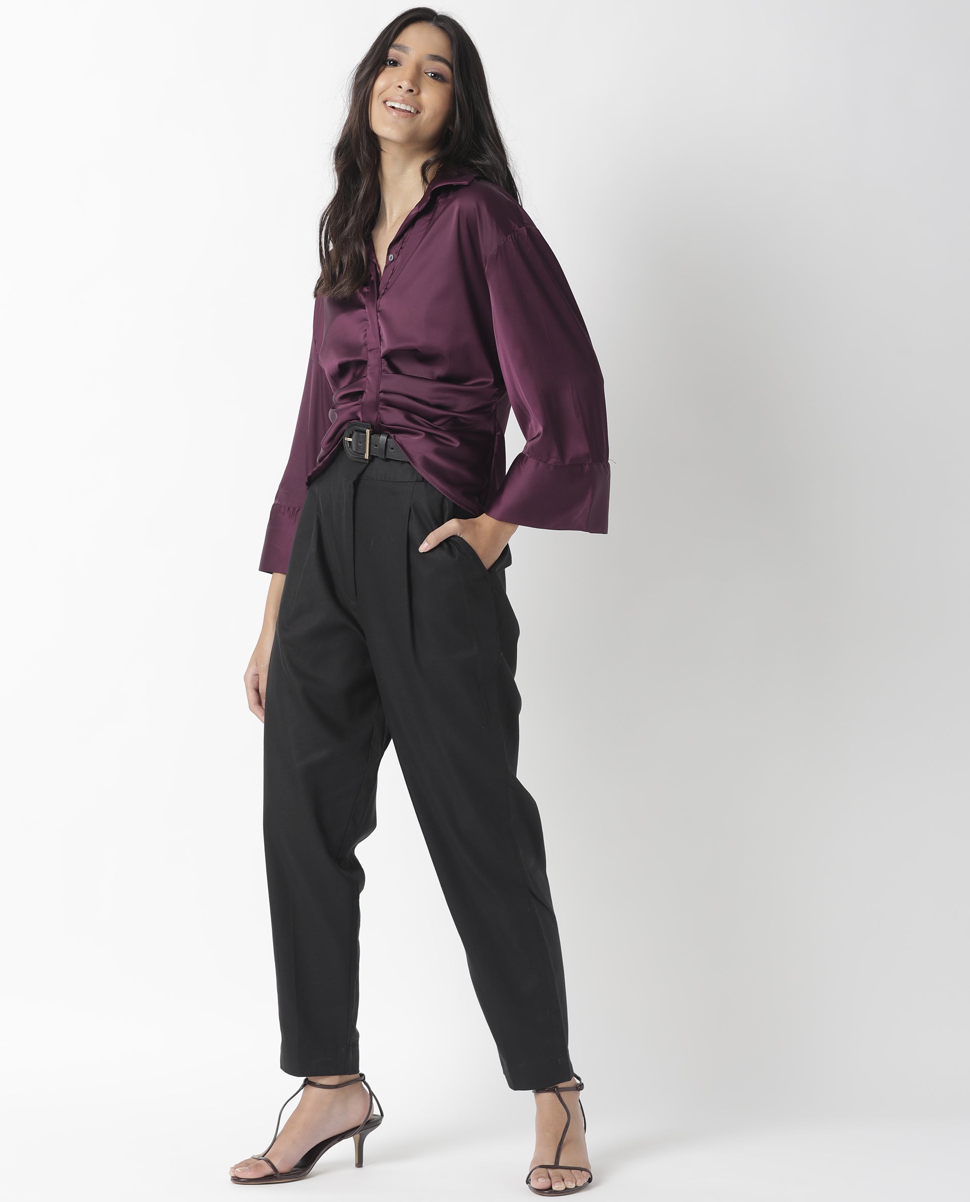 Rareism Womens Zomat Purple Top Modal Fabric Regular Fit Bell Sleeves Collared Neck