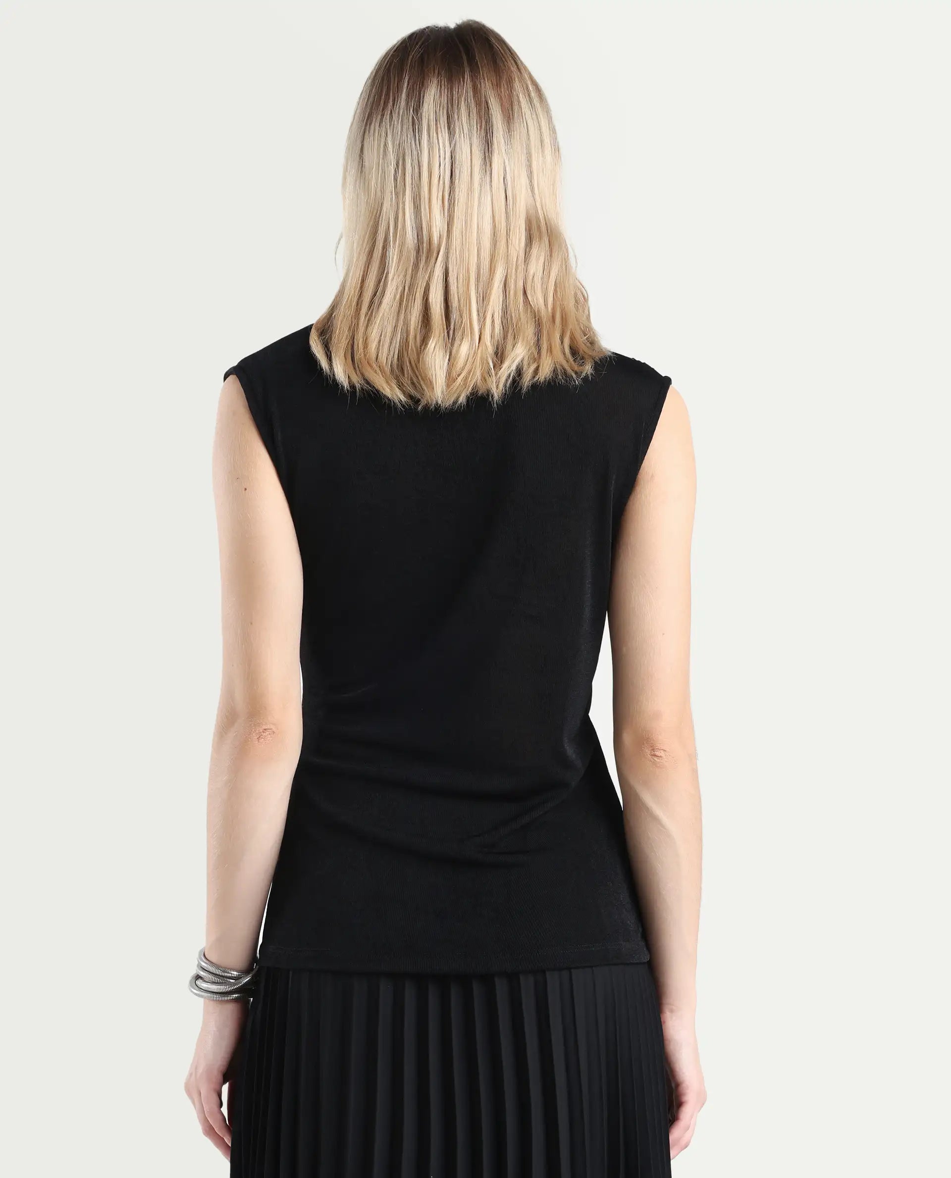 Rareism Women's Zoptus Black Cotton High Neck Regular Fit Plain Top