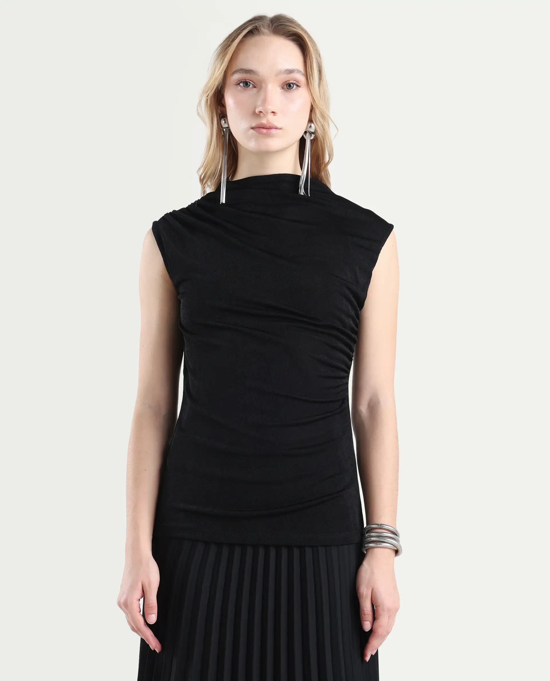 Rareism Women's Zoptus Black Cotton High Neck Regular Fit Plain Top