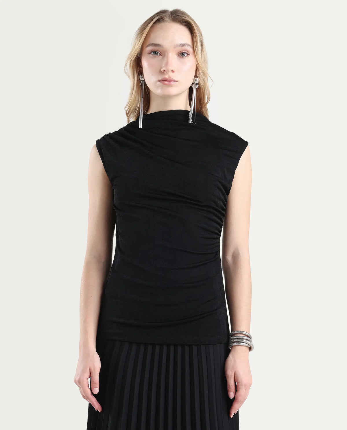 Rareism Women's Zoptus Black Polyester Blend High Neck Regular Fit Plain Top