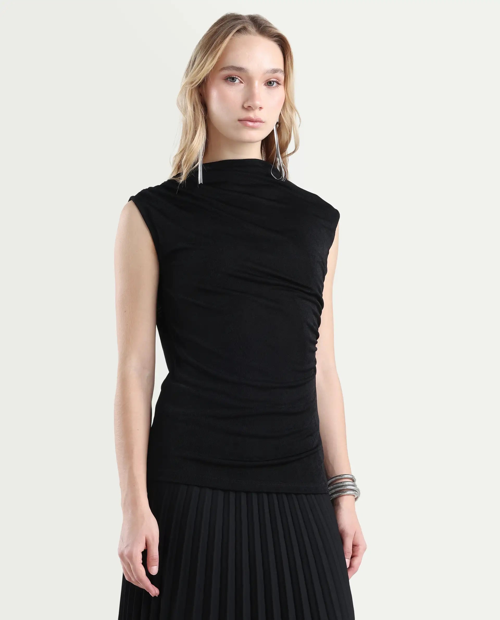 Rareism Women's Zoptus Black Cotton High Neck Regular Fit Plain Top