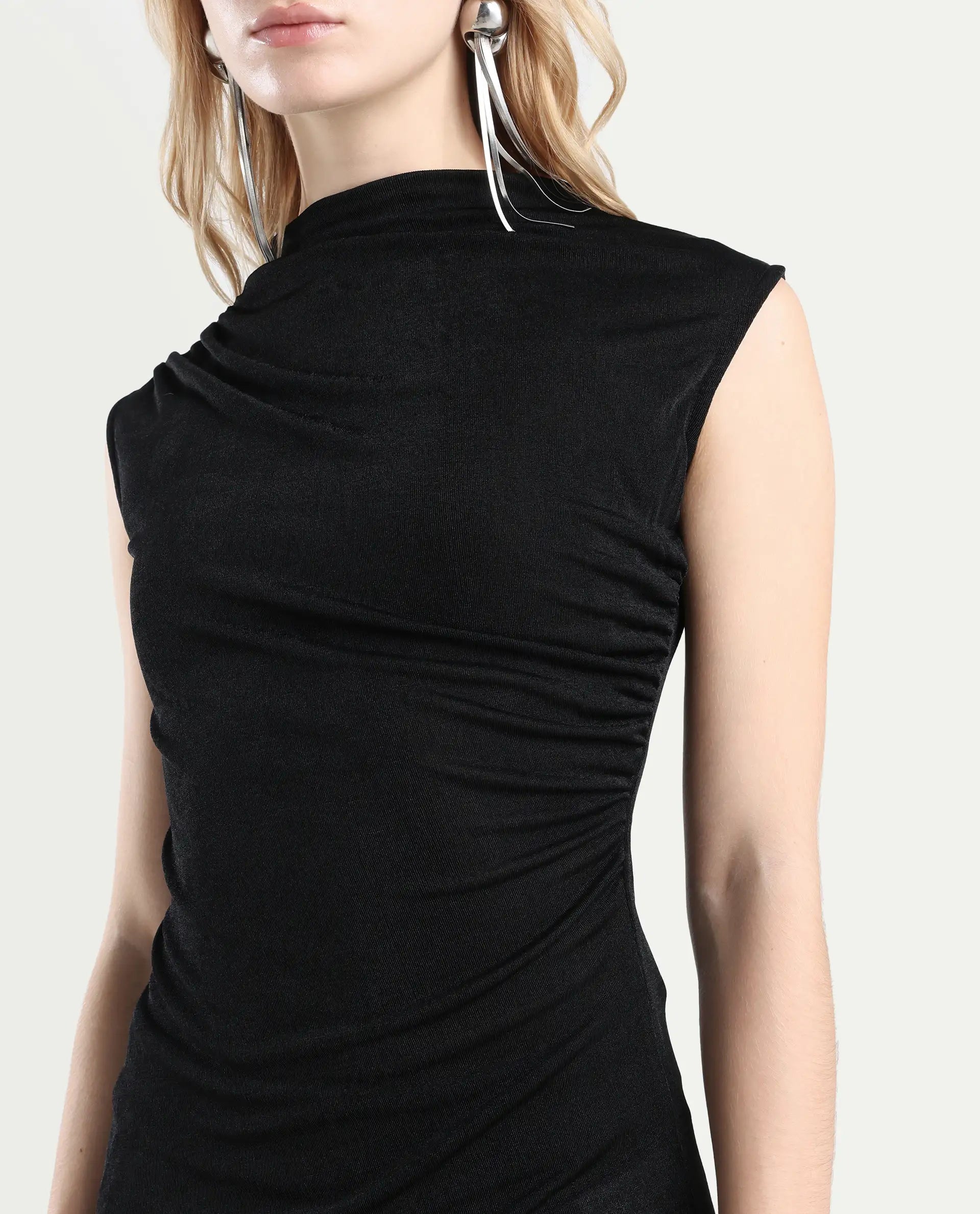 Rareism Women's Zoptus Black Cotton High Neck Regular Fit Plain Top