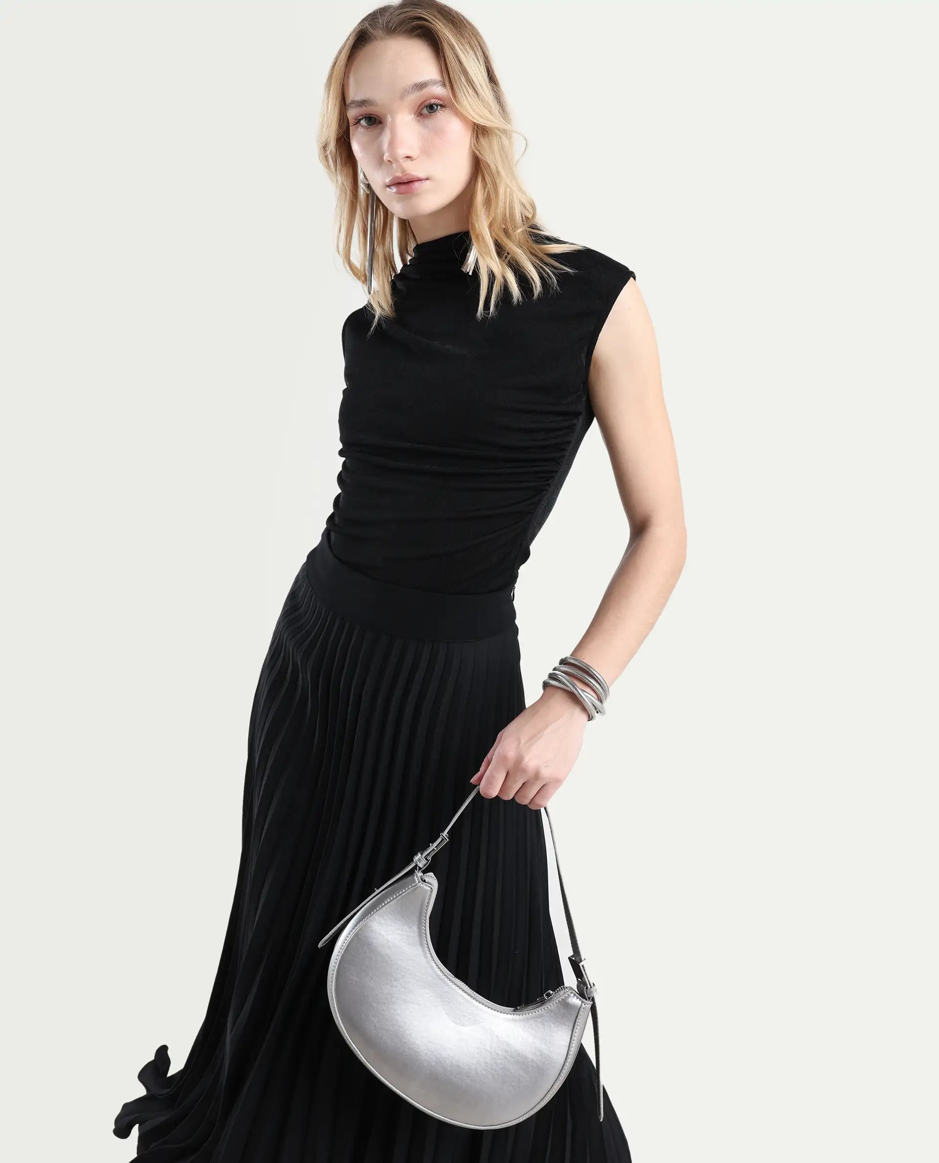 Rareism Women's Zoptus Black Cotton High Neck Regular Fit Plain Top