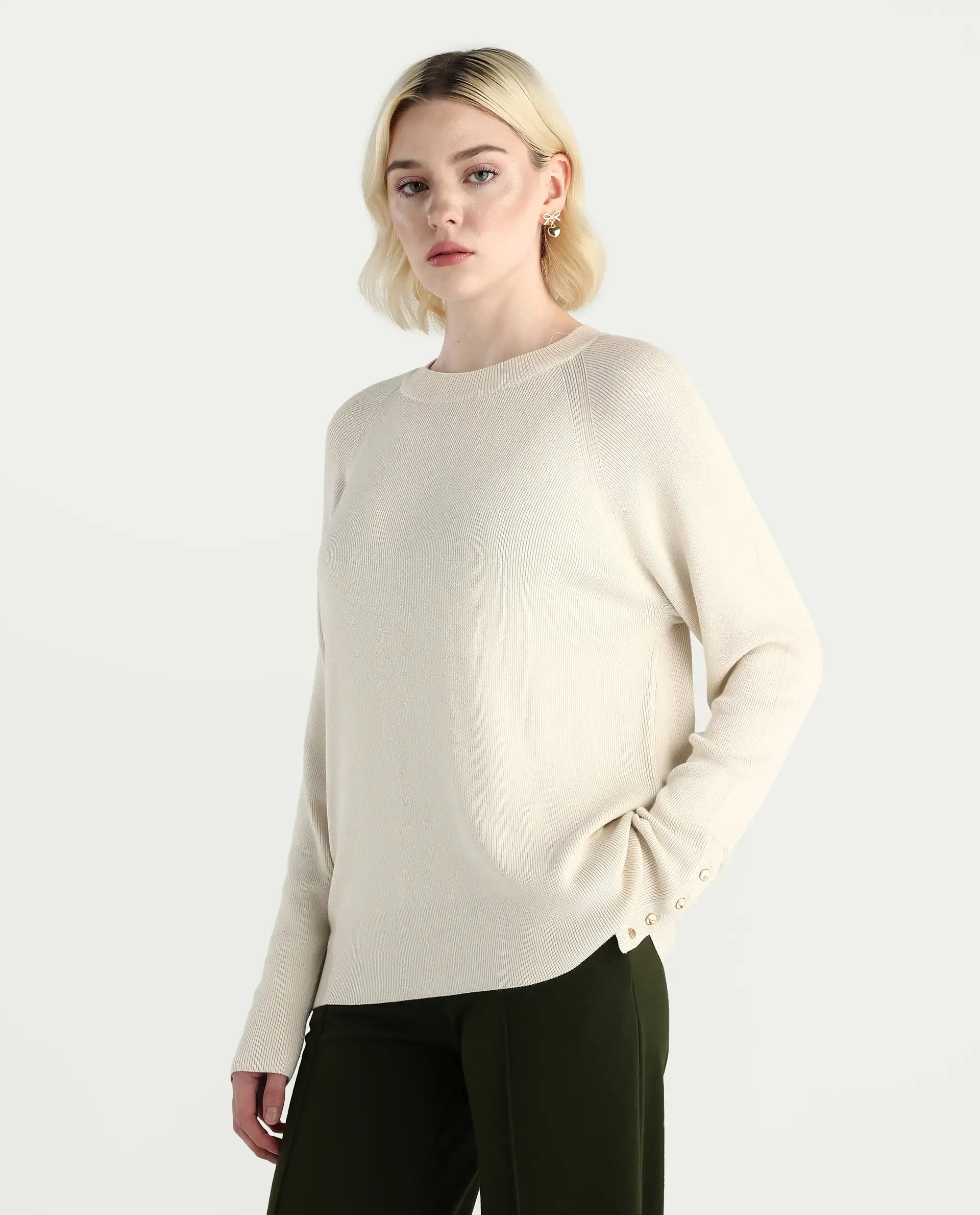 Rareism Women's Zora Off White Viscose Blend Crew Neck Relaxed Fit Sweater