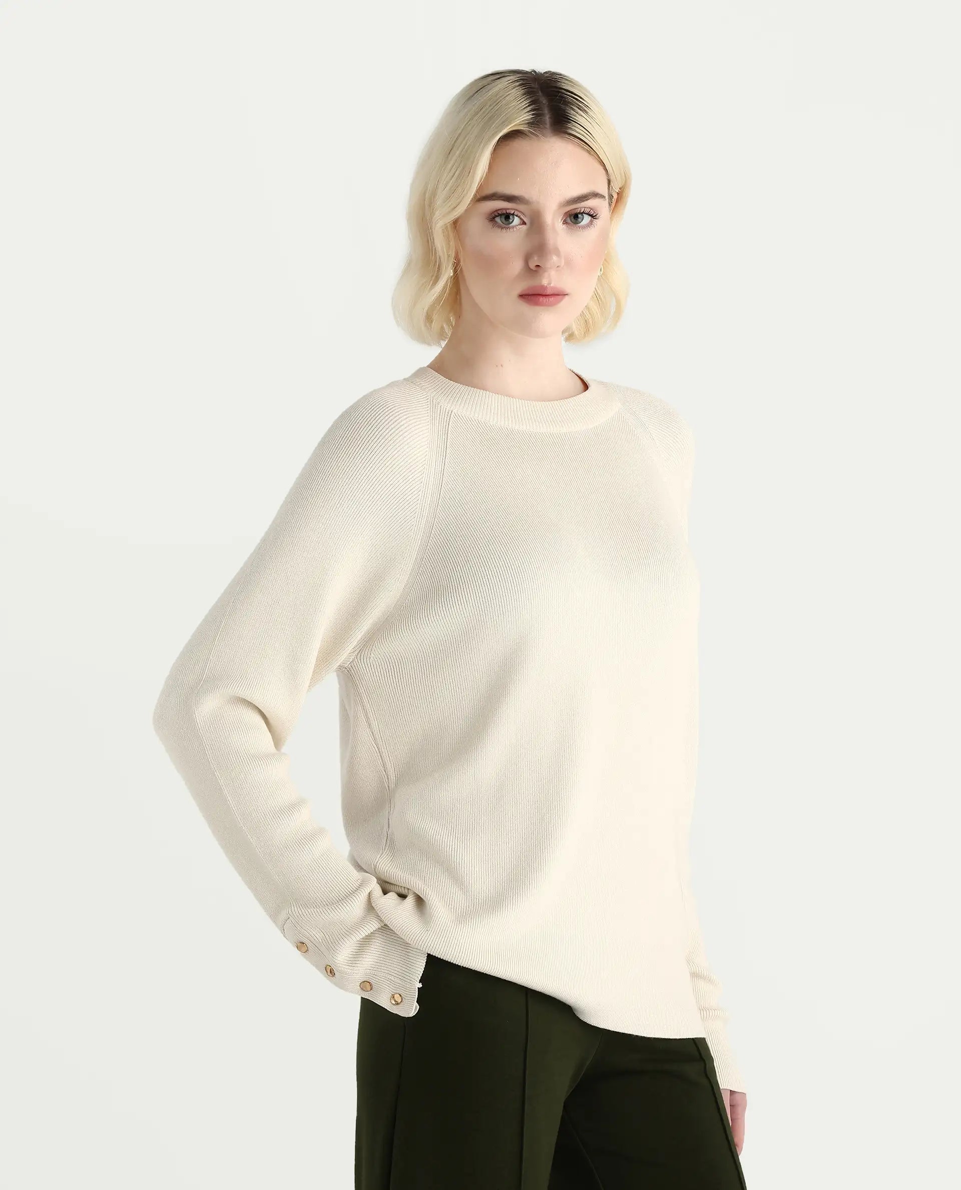 Rareism Women's Zora Off White Viscose Blend Crew Neck Relaxed Fit Sweater