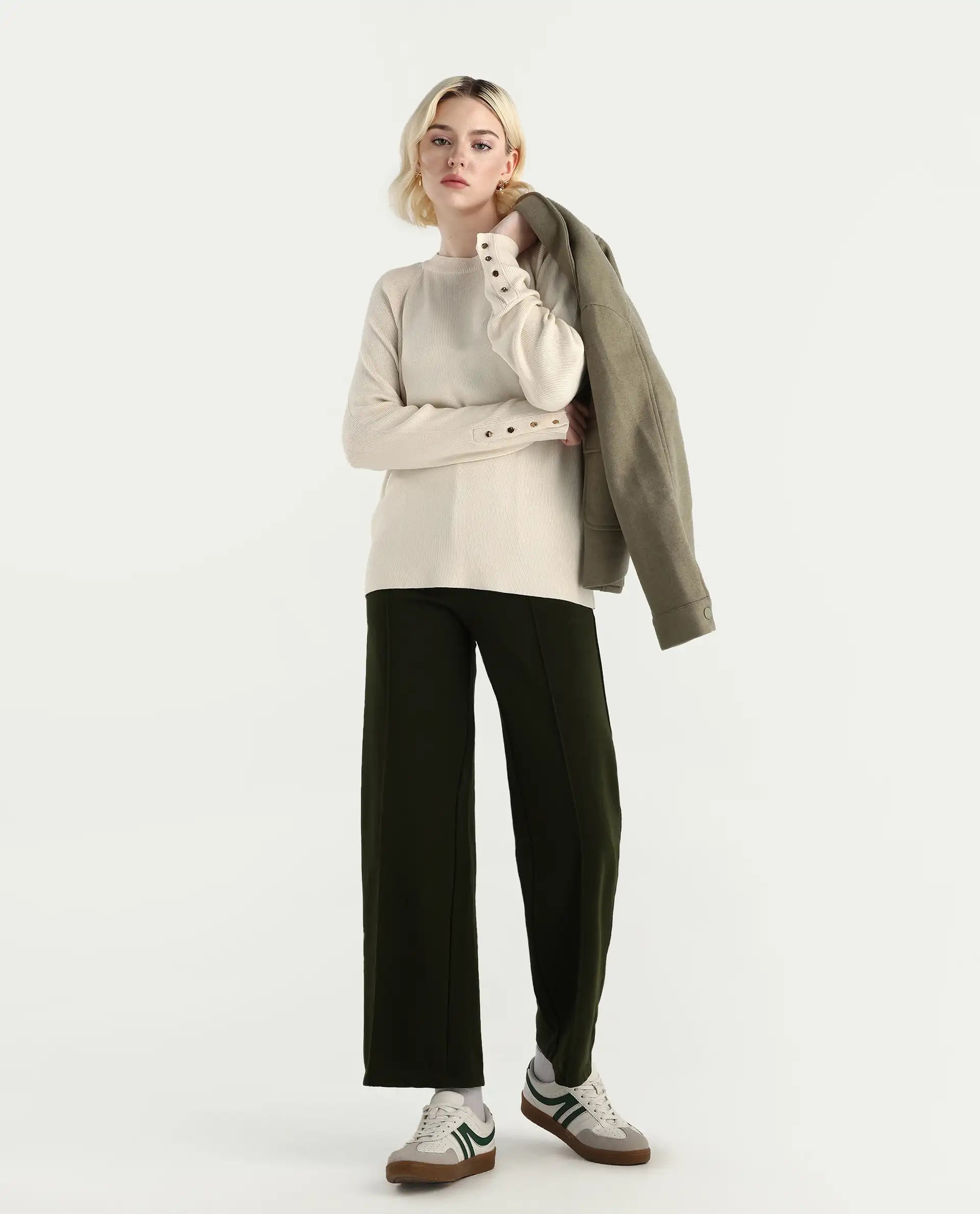 Rareism Women's Zora Off White Viscose Blend Crew Neck Relaxed Fit Sweater