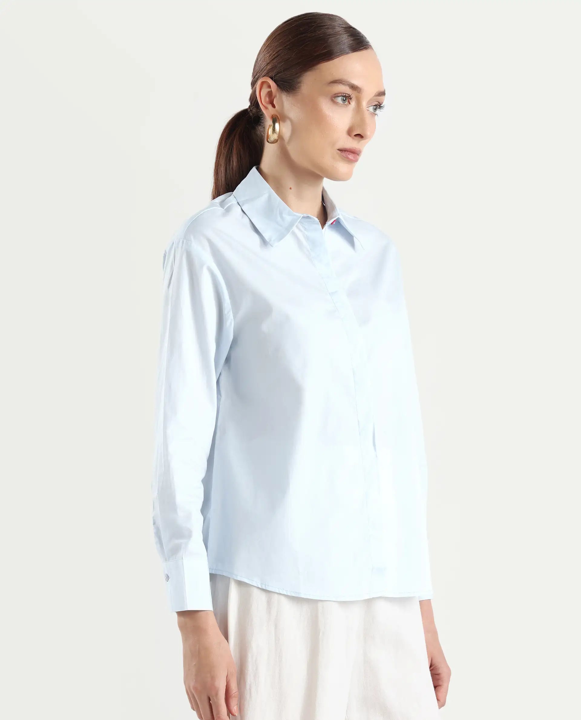 Rareism Women's Zquib Grey Cotton Spread Collar Graphic Print Cuffed Sleeve Regular Fit Shirt