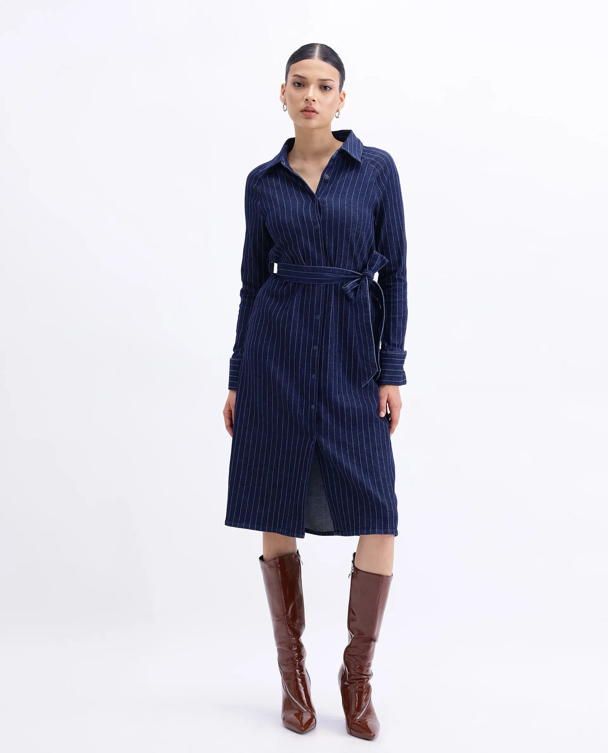 Rareism Women's Zrum Dark Blue Cotton Blend Drop Collar Striped Cuffed Sleeve Midi Boxy Fit Dress