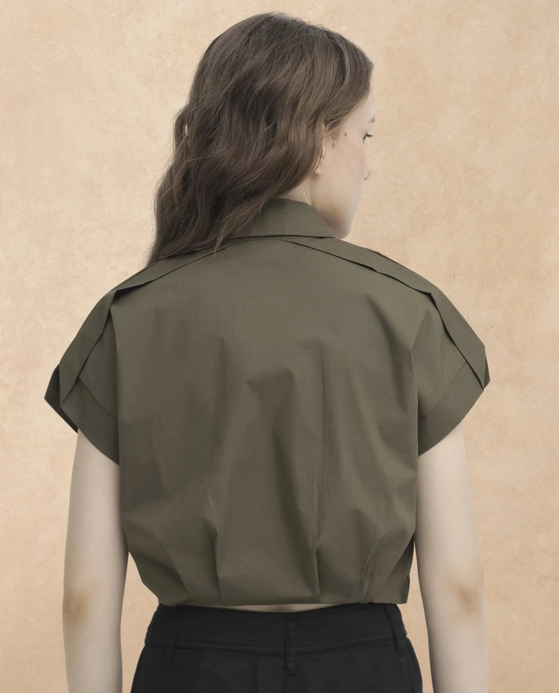 Rareism Women's Zuckery Olive Cotton Blend Drop Collar Plain Extended Sleeves Crop Regular Fit Top