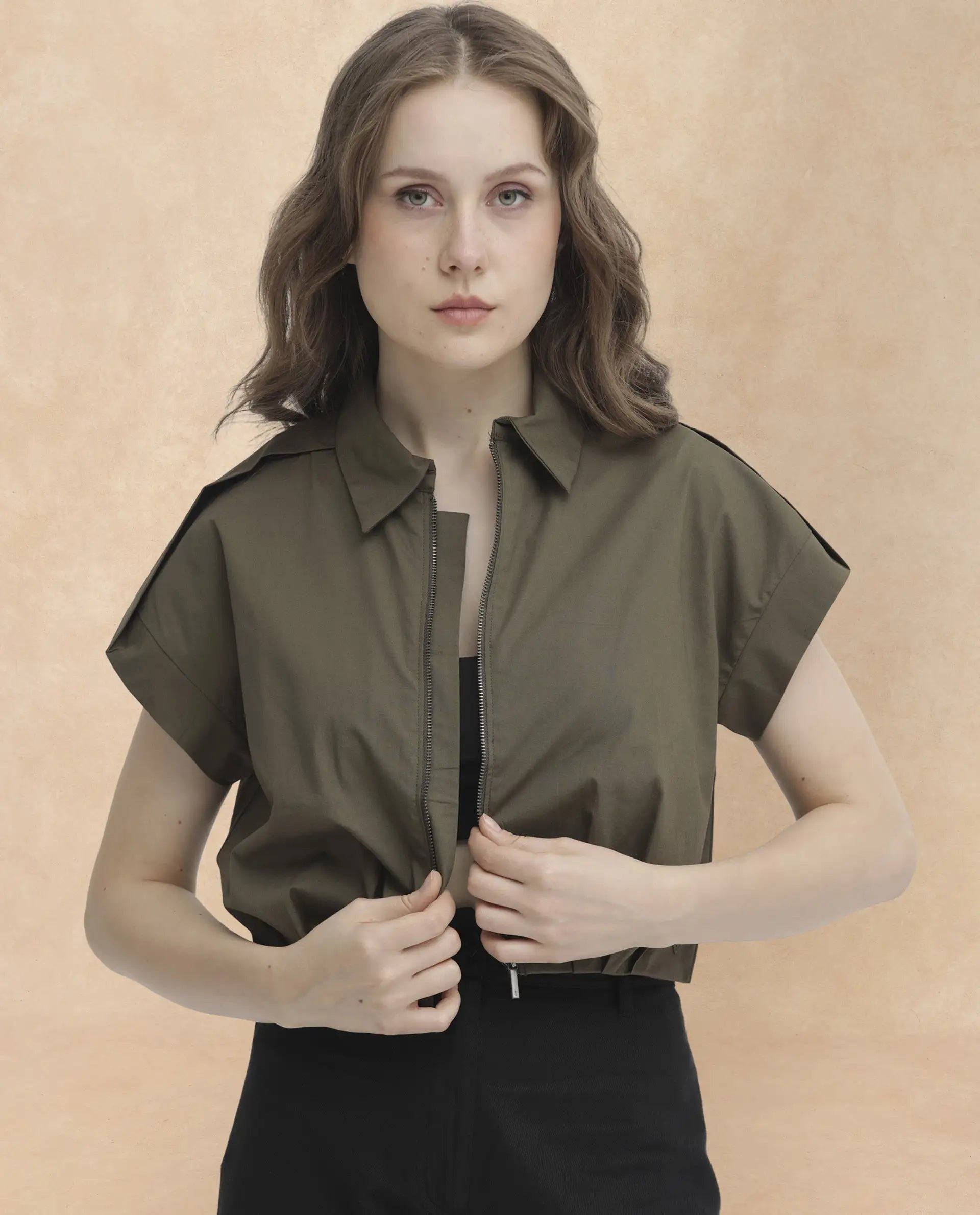 Rareism Women's Zuckery Olive Cotton Blend Drop Collar Plain Extended Sleeves Crop Regular Fit Top