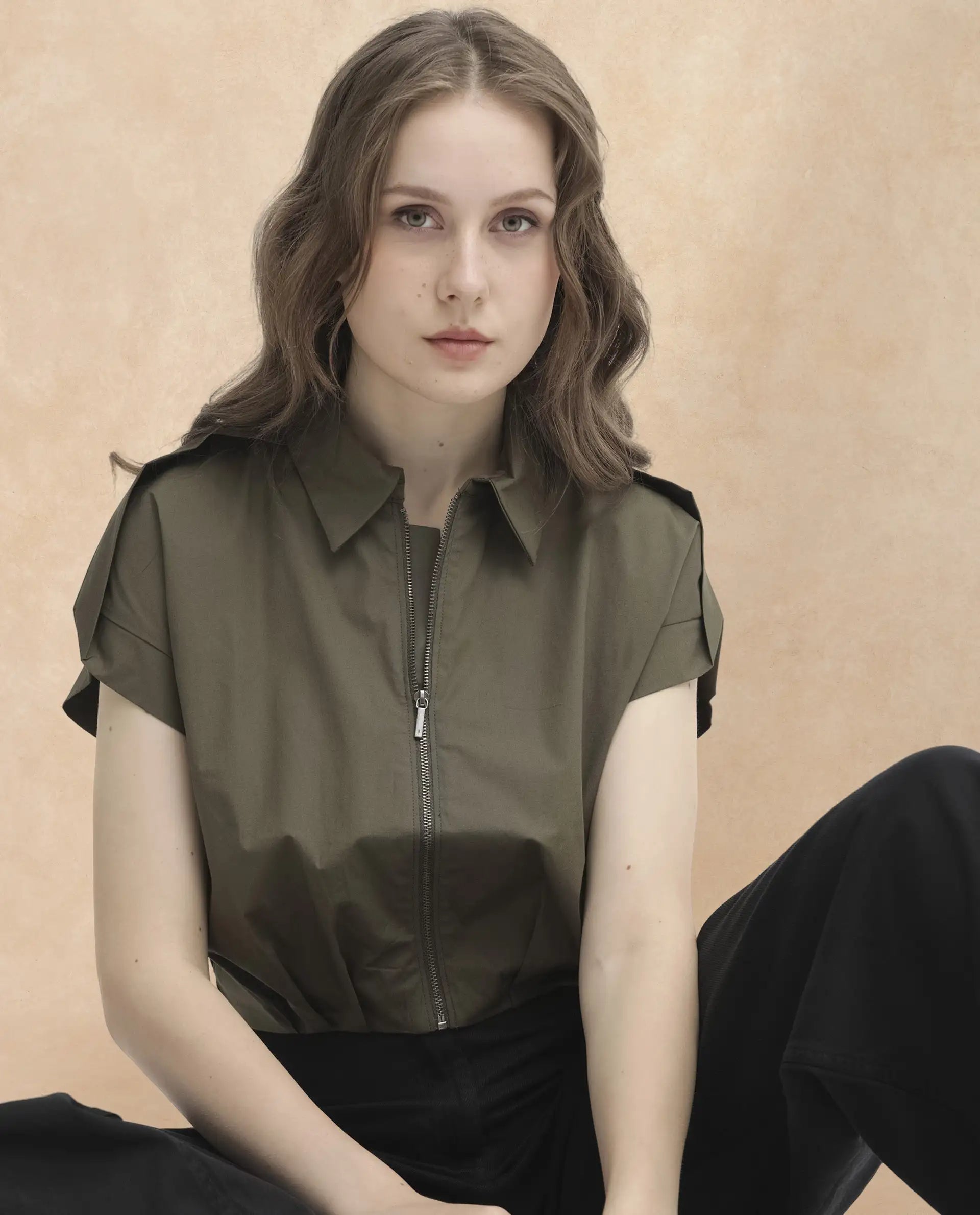 Rareism Women's Zuckery Olive Cotton Blend Drop Collar Plain Extended Sleeves Crop Regular Fit Top