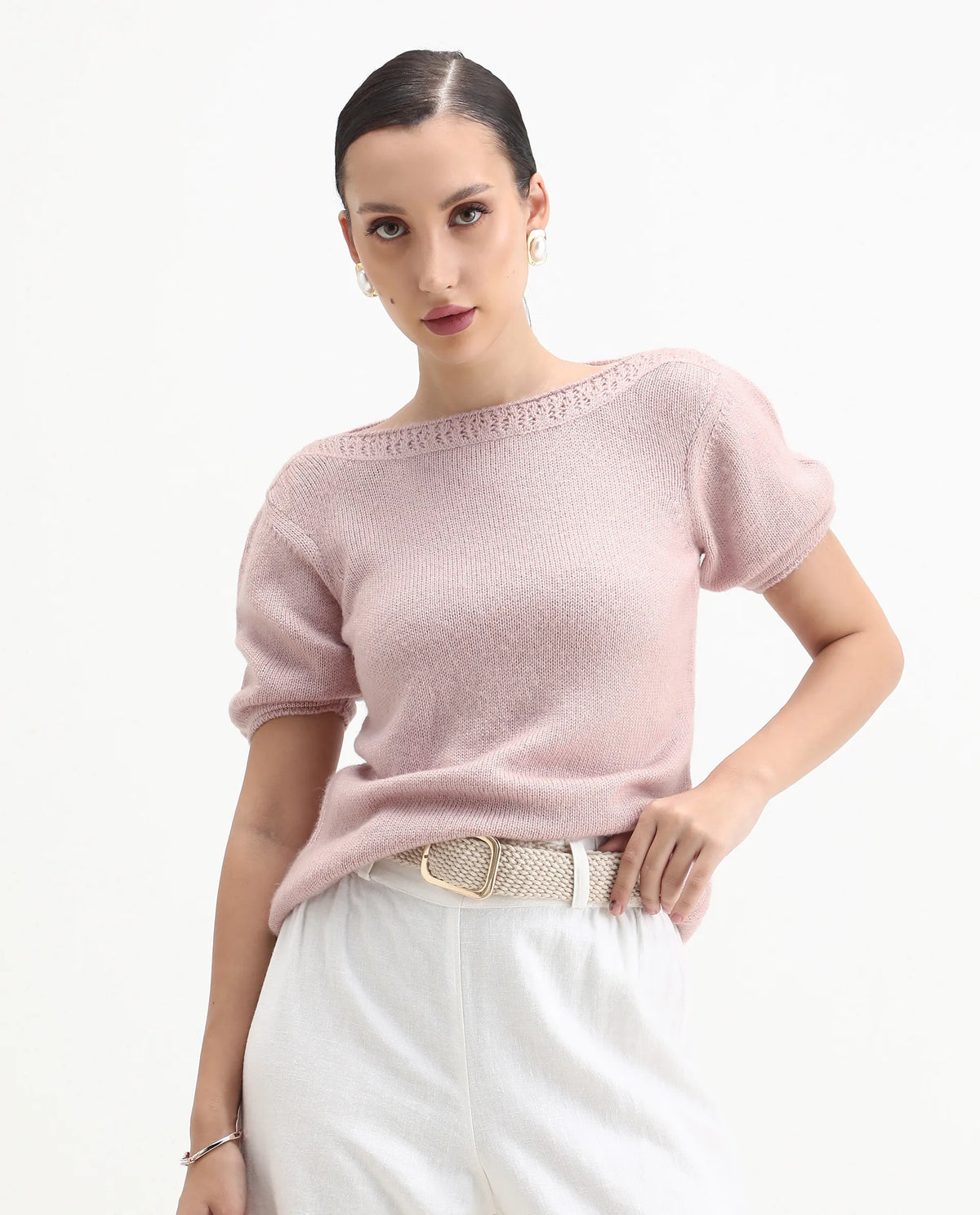 Rareism Women's Zulaii Light Pink Acrylic Blend Boat Neck Relaxed Fit Plain Sweater