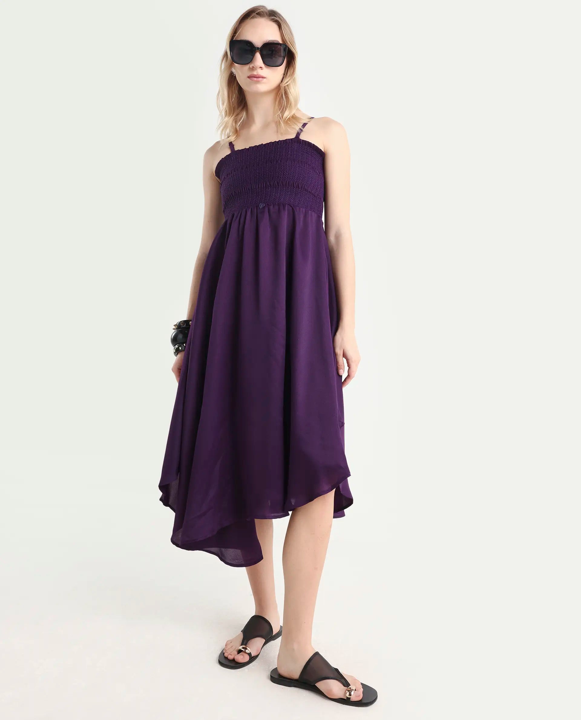 Rareism Women's Zuret Dark Purple Viscose Tube Neck Plain Sleeveless Knee Length Regular Fit Dress
