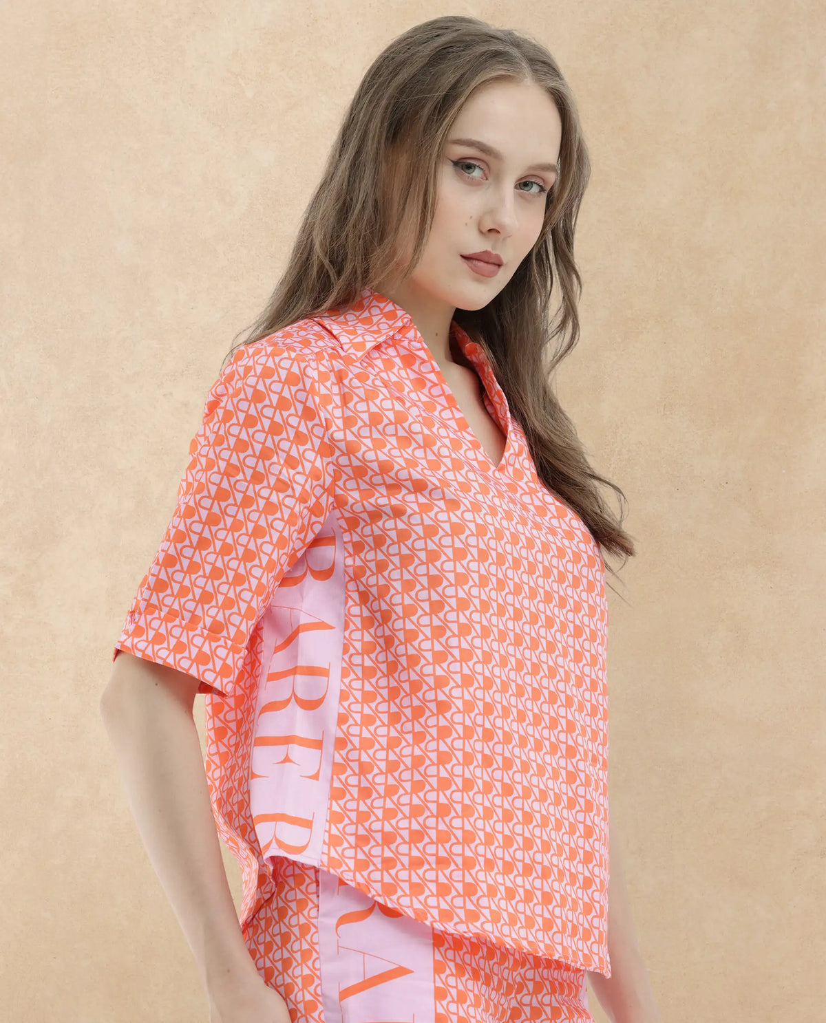 Rareism Women Zyon-T Pink Cotton Fabric Short Sleeves Johnny Collar Regular Fit Monogram Top