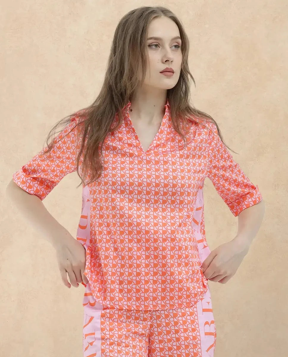 Rareism Women Zyon-T Pink Cotton Fabric Short Sleeves Johnny Collar Regular Fit Monogram Top