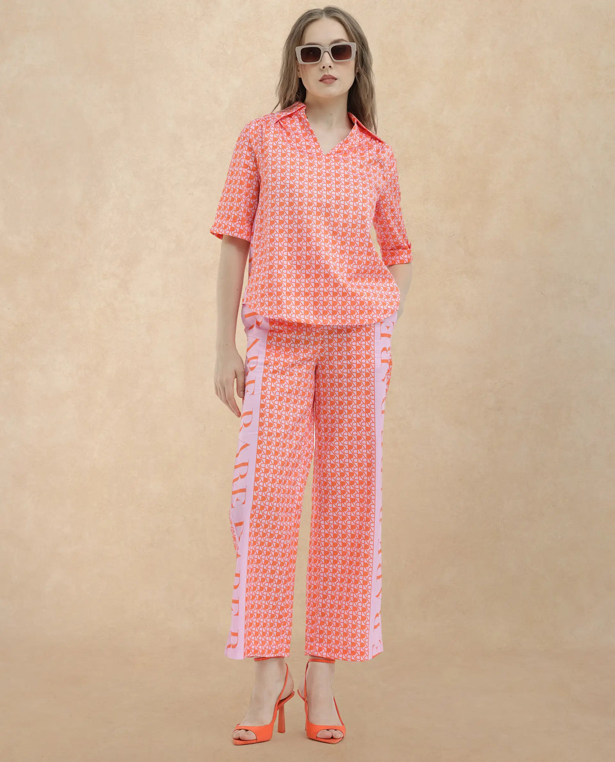 Rareism Women Zyon-T Pink Cotton Fabric Short Sleeves Johnny Collar Regular Fit Monogram Top