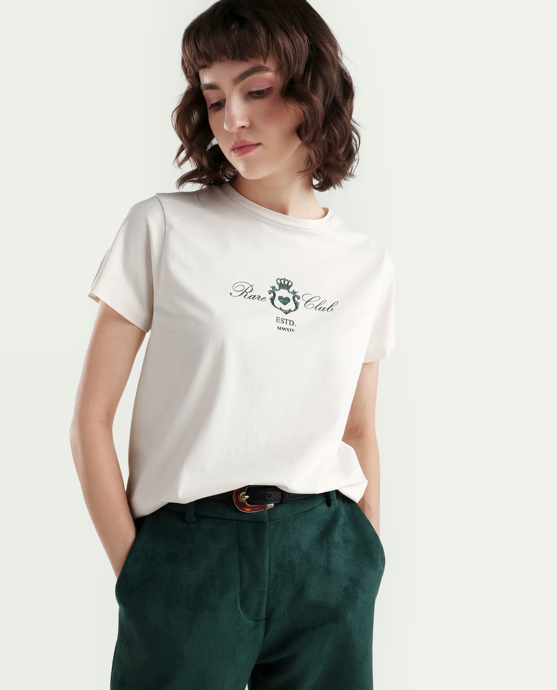 Rareism Women's Zorn Off White Cotton Blend Half Sleeve Regular Fit Plain T-Shirt