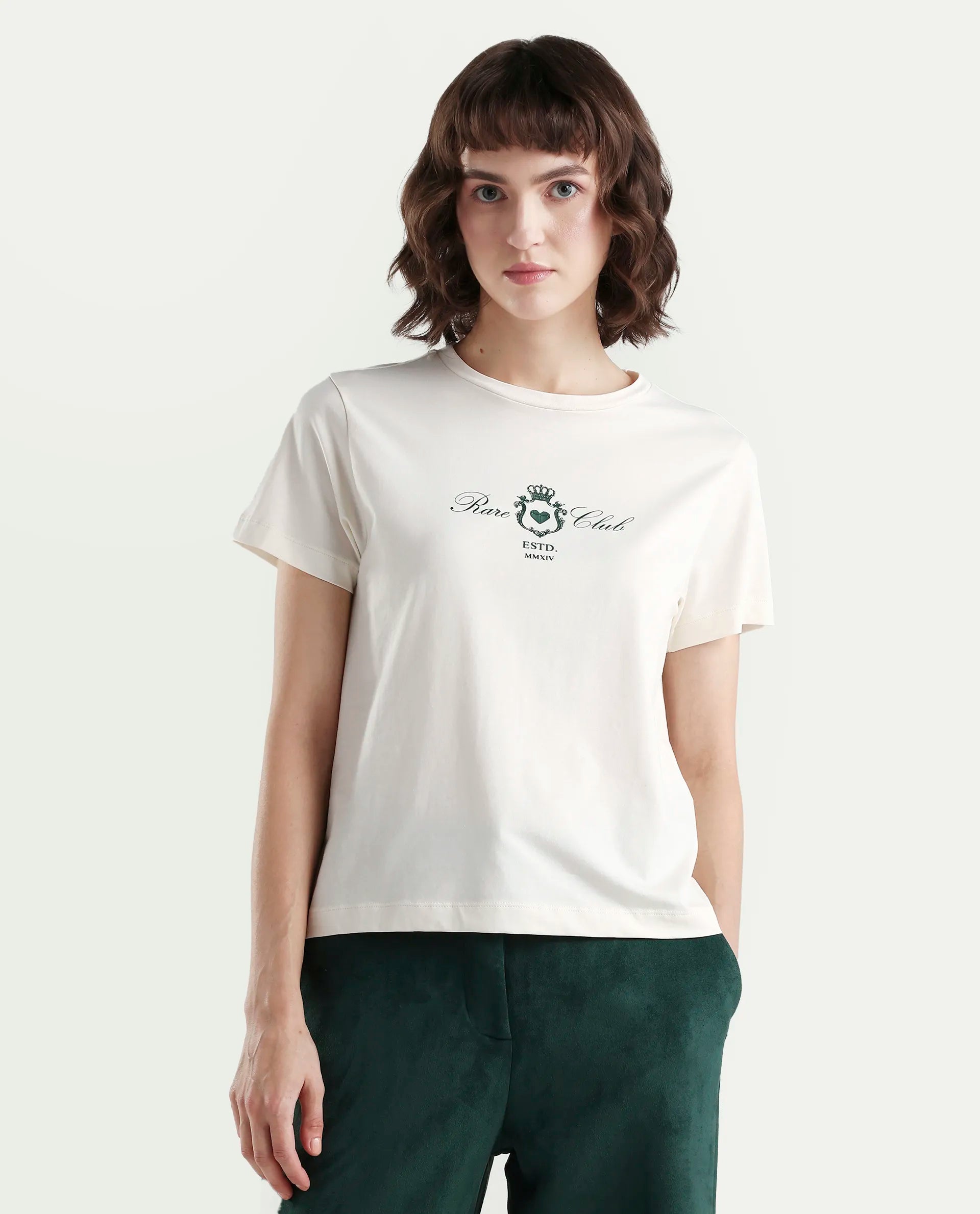 Rareism Women's Zorn Off White Cotton Blend Half Sleeve Regular Fit Plain T-Shirt