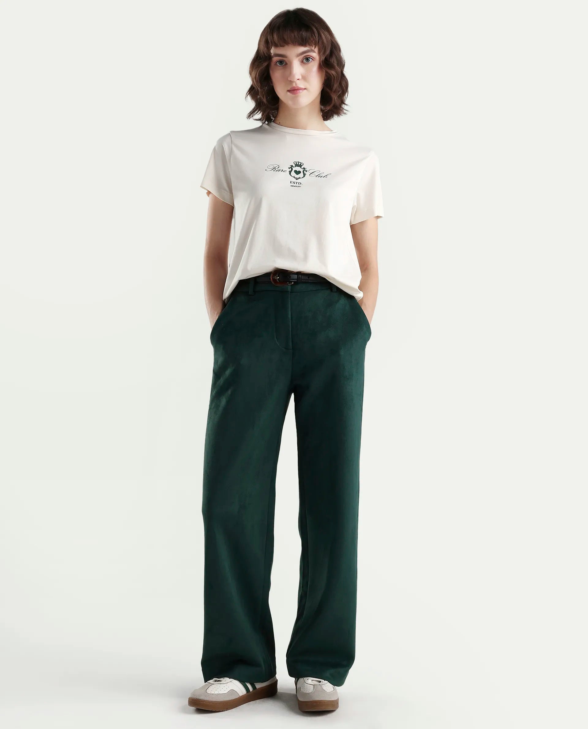 Rareism Women's Zorn Off White Cotton Blend Half Sleeve Regular Fit Plain T-Shirt