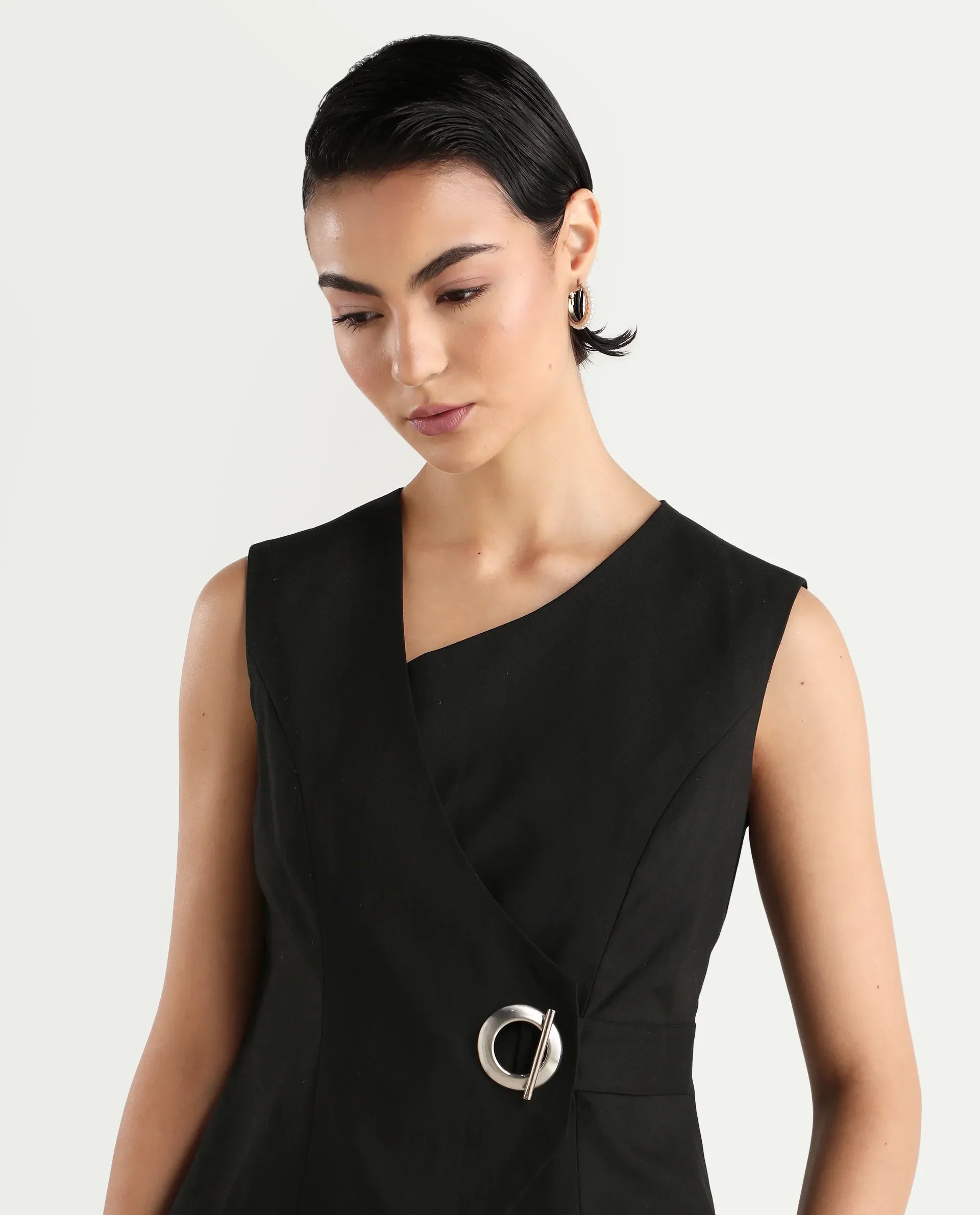 Rareism Women's Achilles Black Cotton Blend Asymmetric Neck Plain Sleeveless Regular Fitted Top