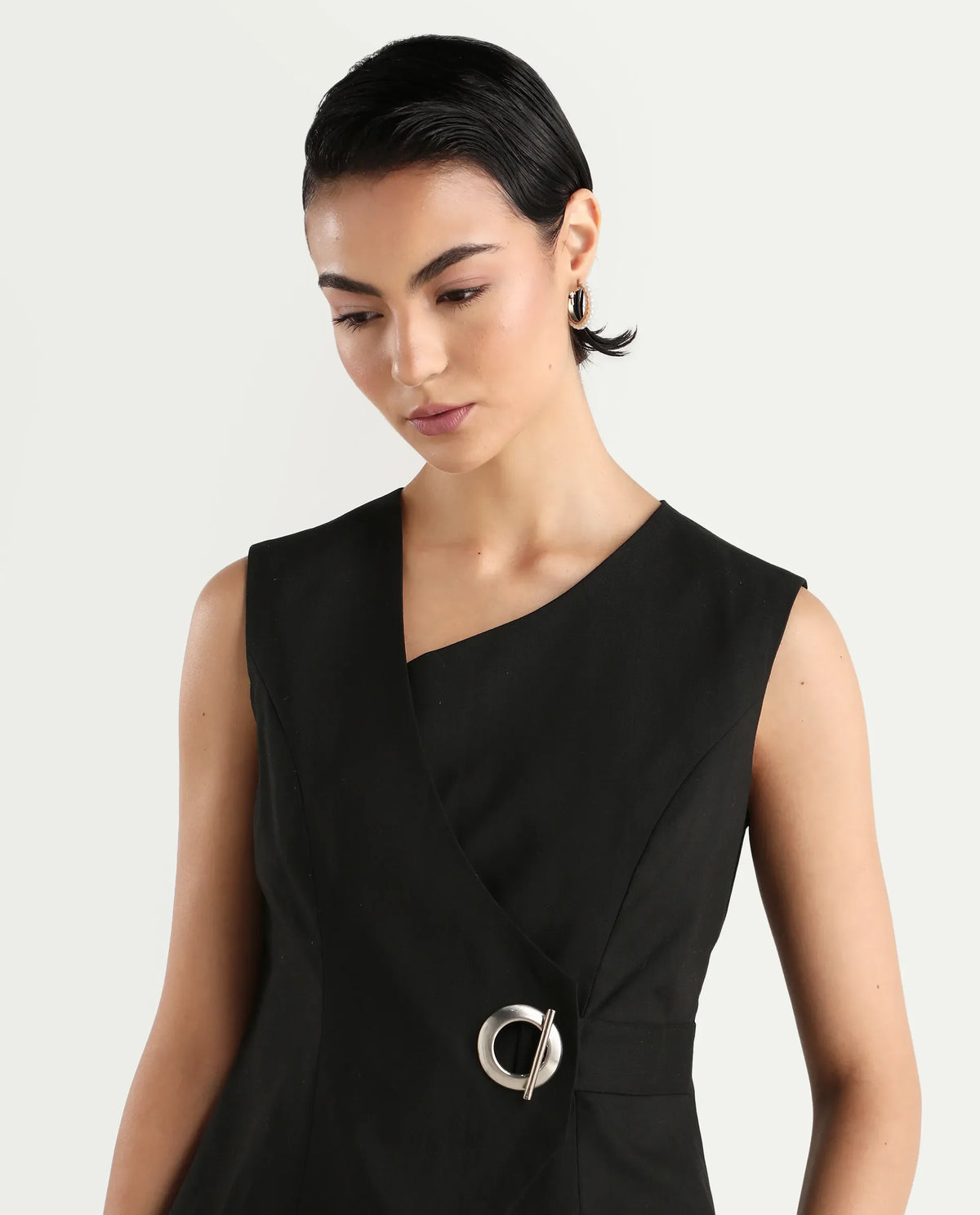 Rareism Women's Achilles Black Cotton Blend Asymmetric Neck Plain Sleeveless Regular Fitted Top