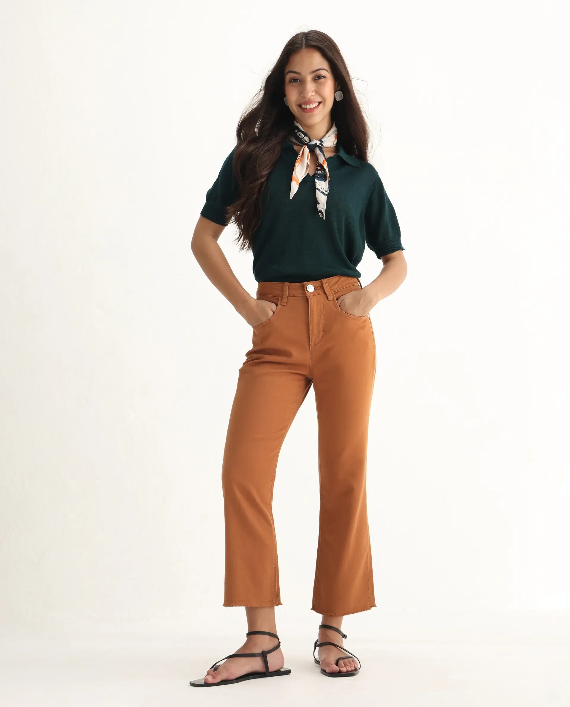 Rareism Women's Admiral Rust Cotton Blend Plain Ankle Length Regular Fit Jeans