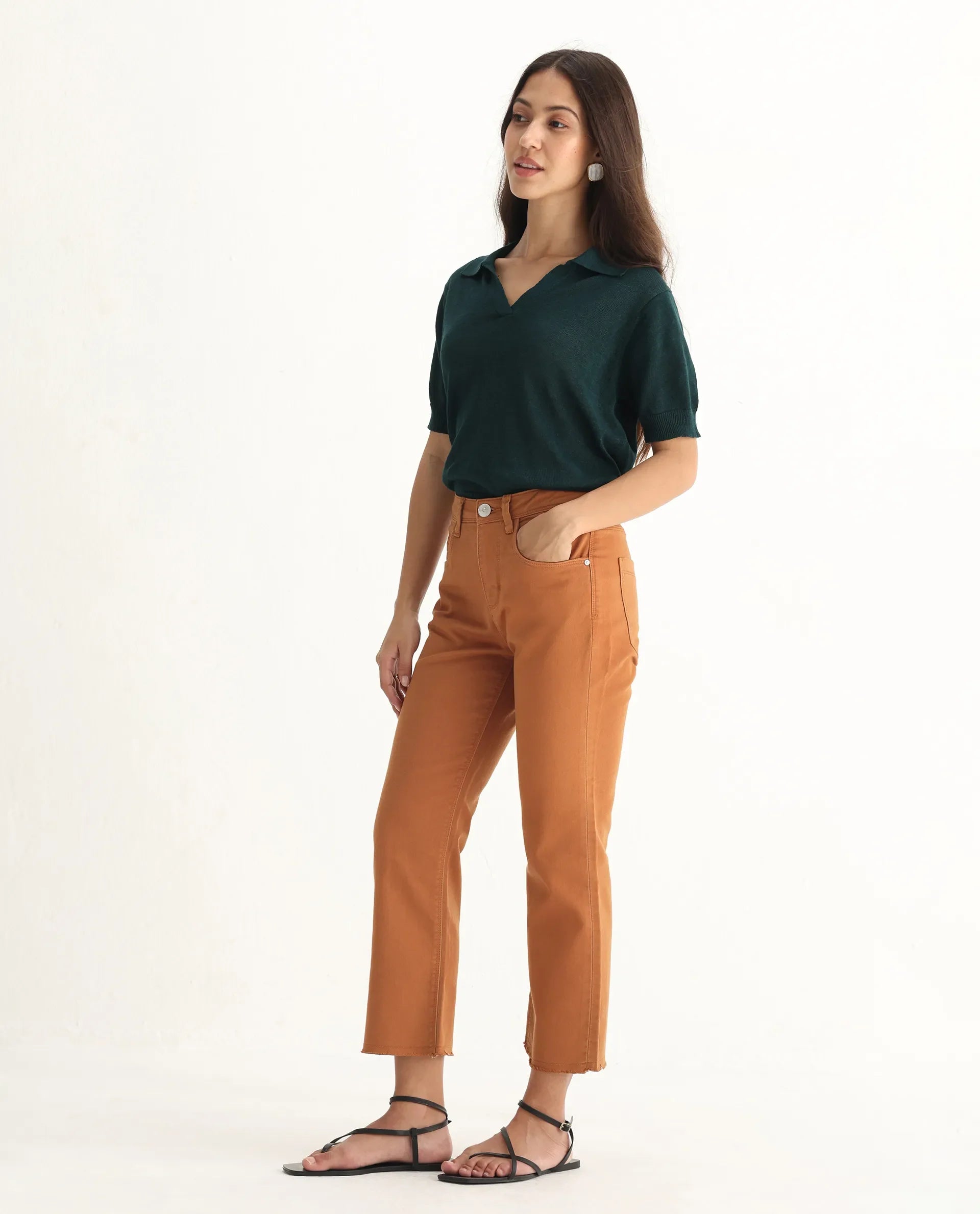 Rareism Women's Admiral Rust Cotton Blend Plain Ankle Length Regular Fit Jeans